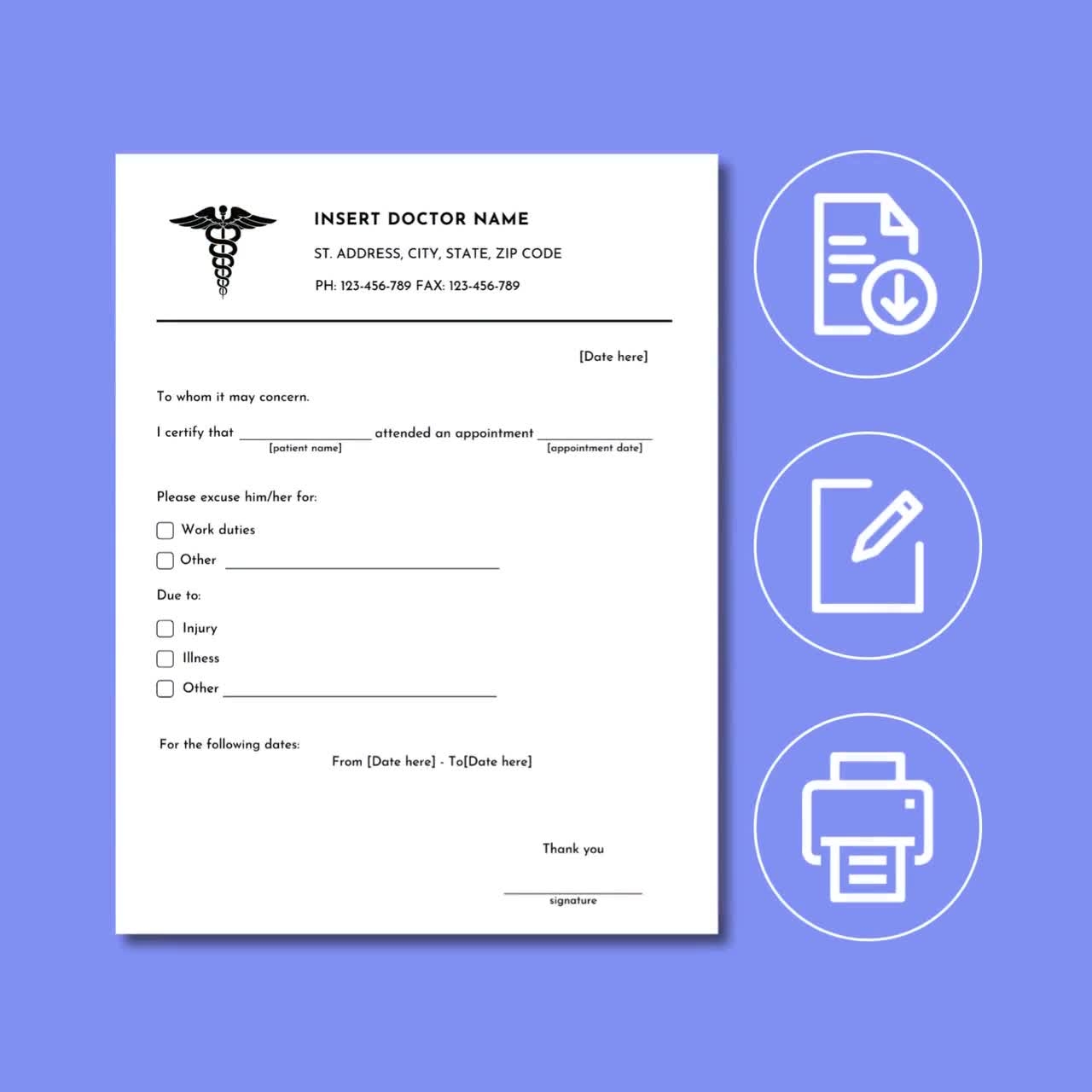 Editable Doctor Excuse Note For Work Printable Doctors Note Template Doctor Excuse Letter Form School Excuse Note Drs Note PDF U0026 Word 