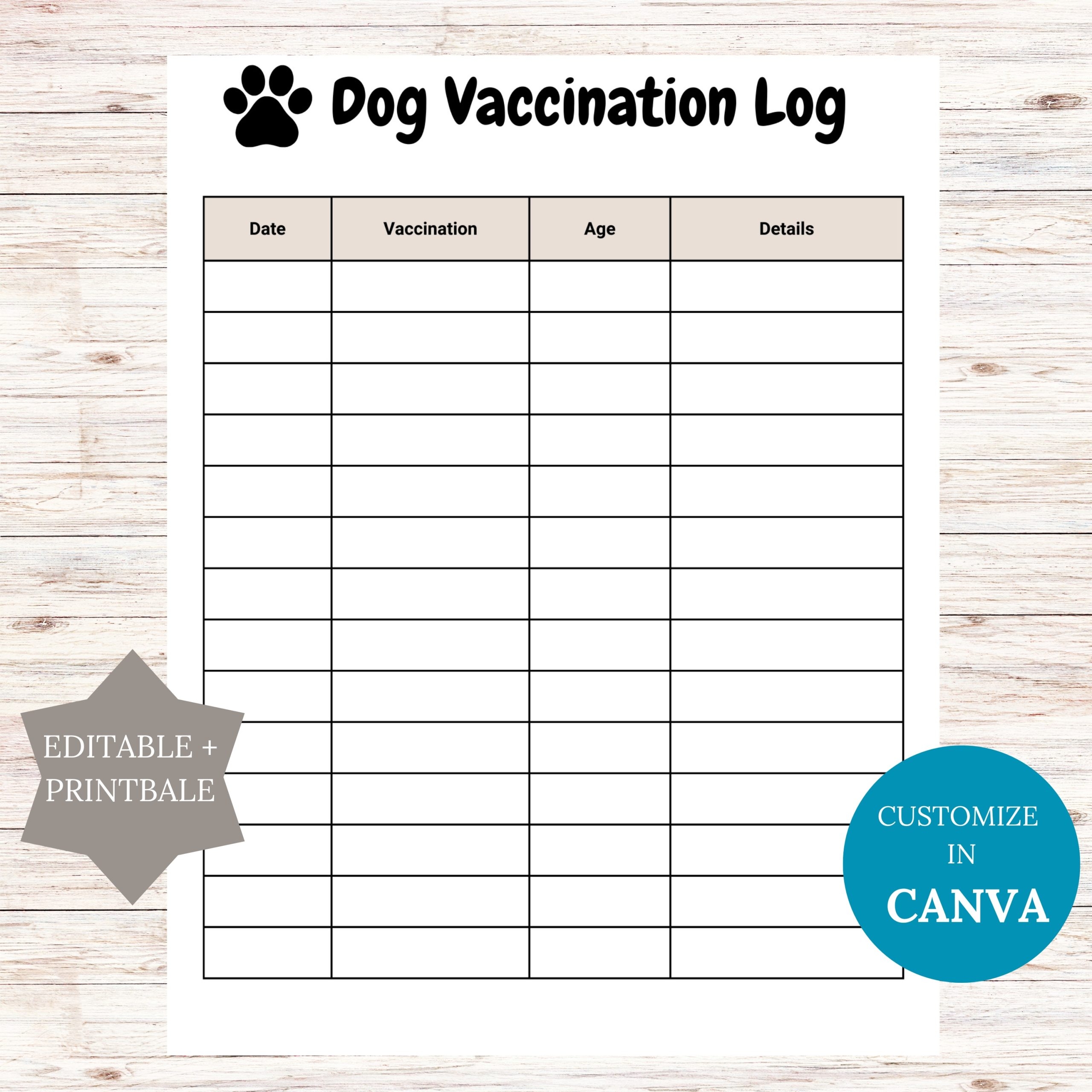 Editable Dog Vaccination Record Printable