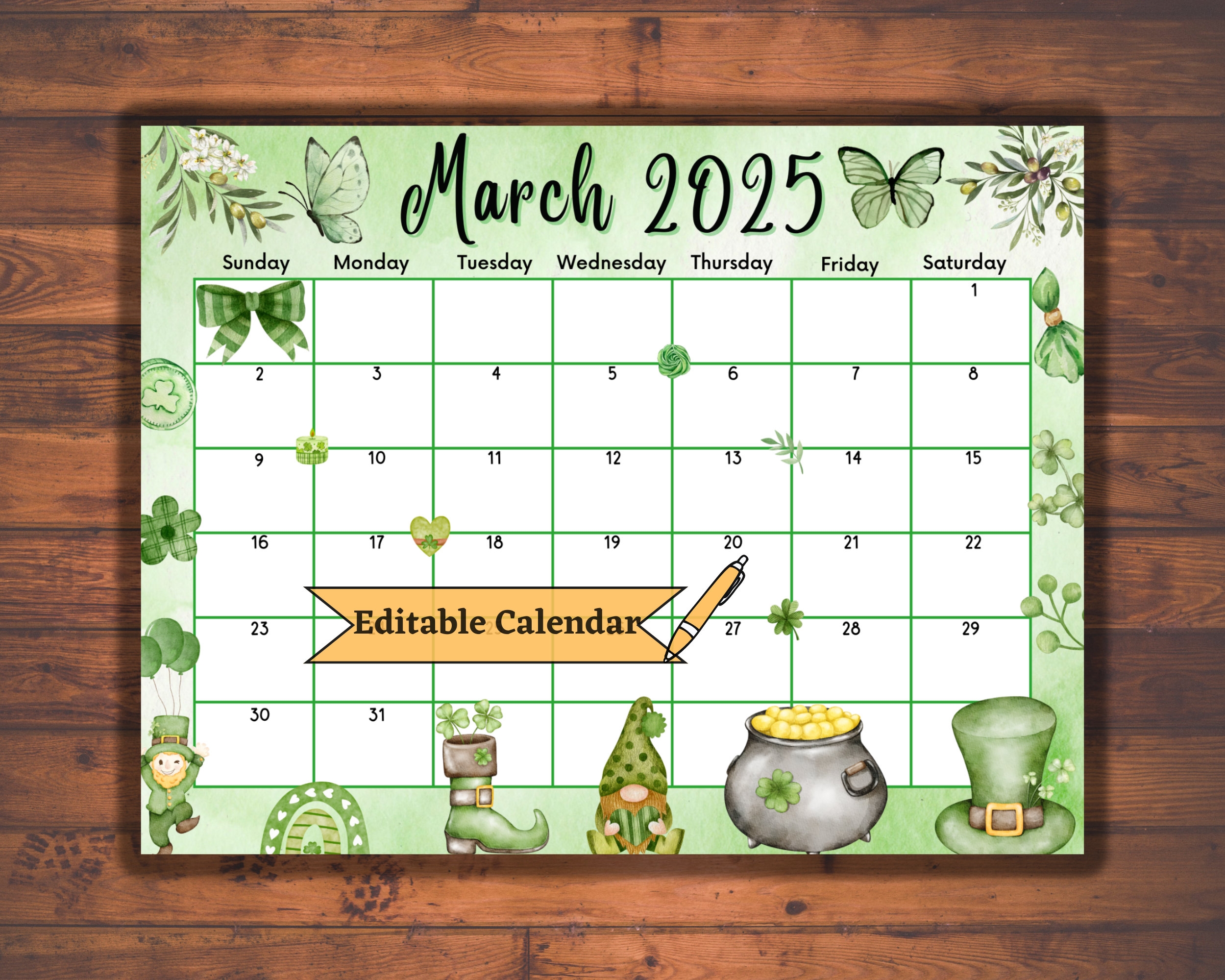 Editable Fillable March 2025 Calendar For St Patrick s Day 