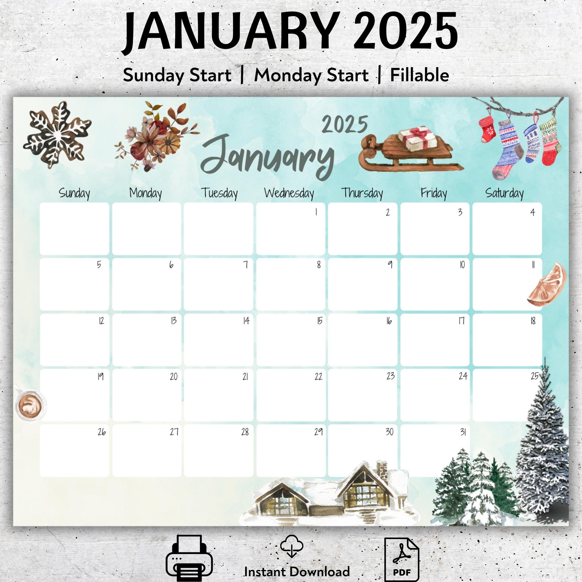 EDITABLE January 2025 Calendar Beautiful Winter Printable 