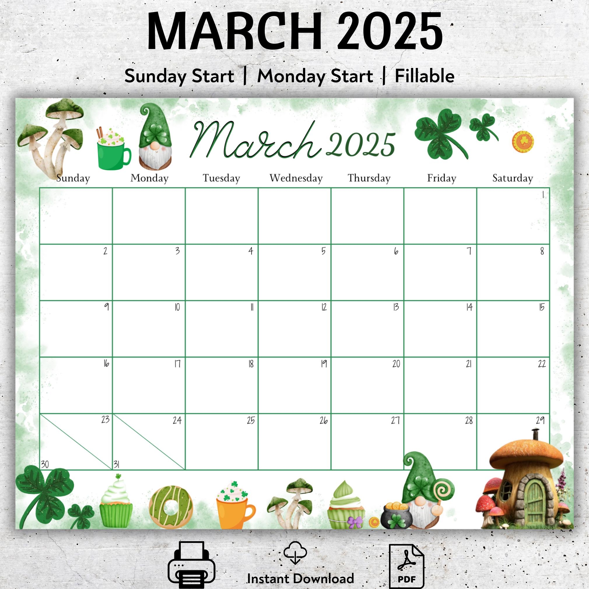 EDITABLE March 2025 Calendar Printable Fillable Calendar Planner 