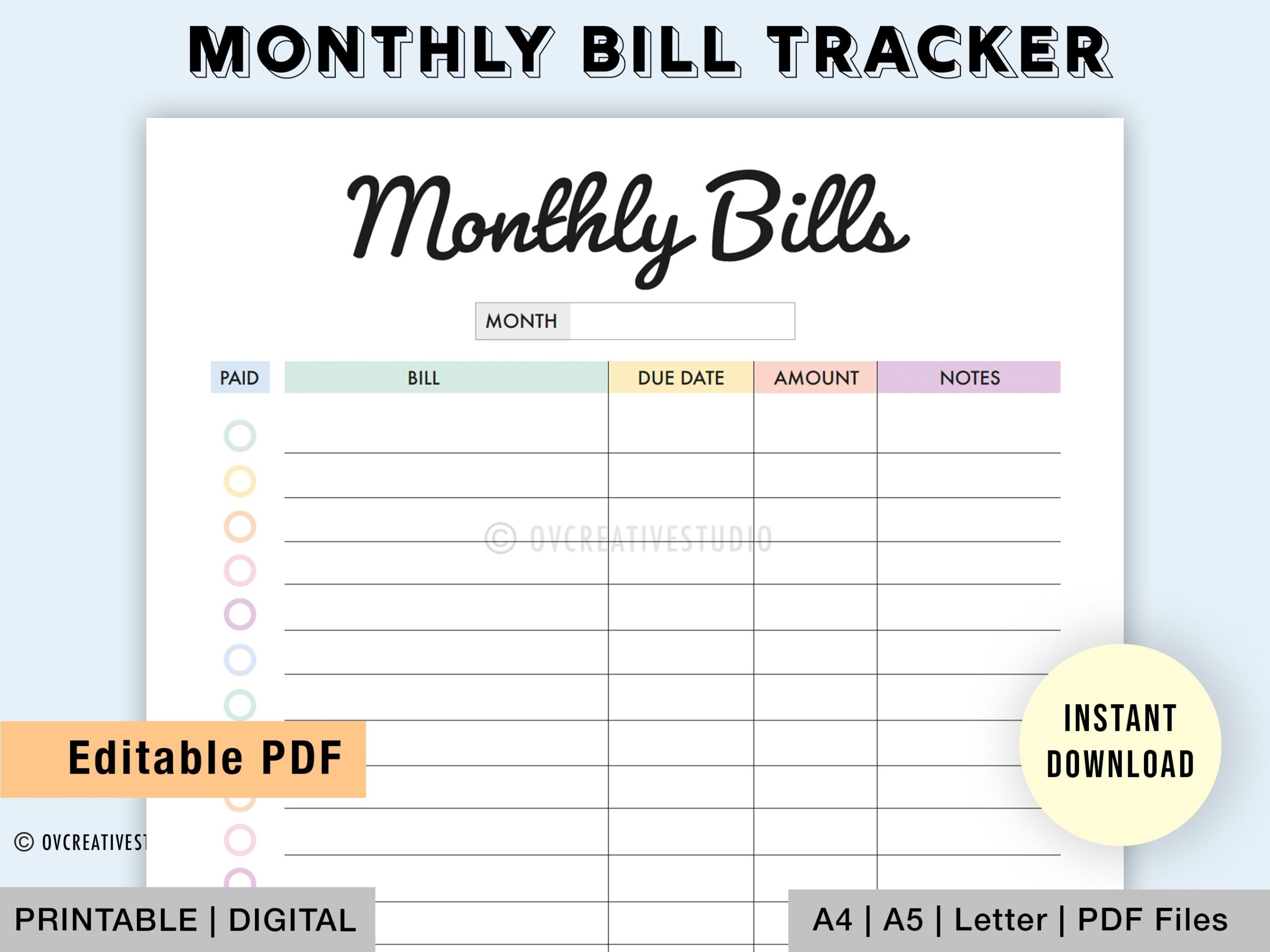 Editable Monthly Bill Tracker Bill Planner Monthly Bill Log 