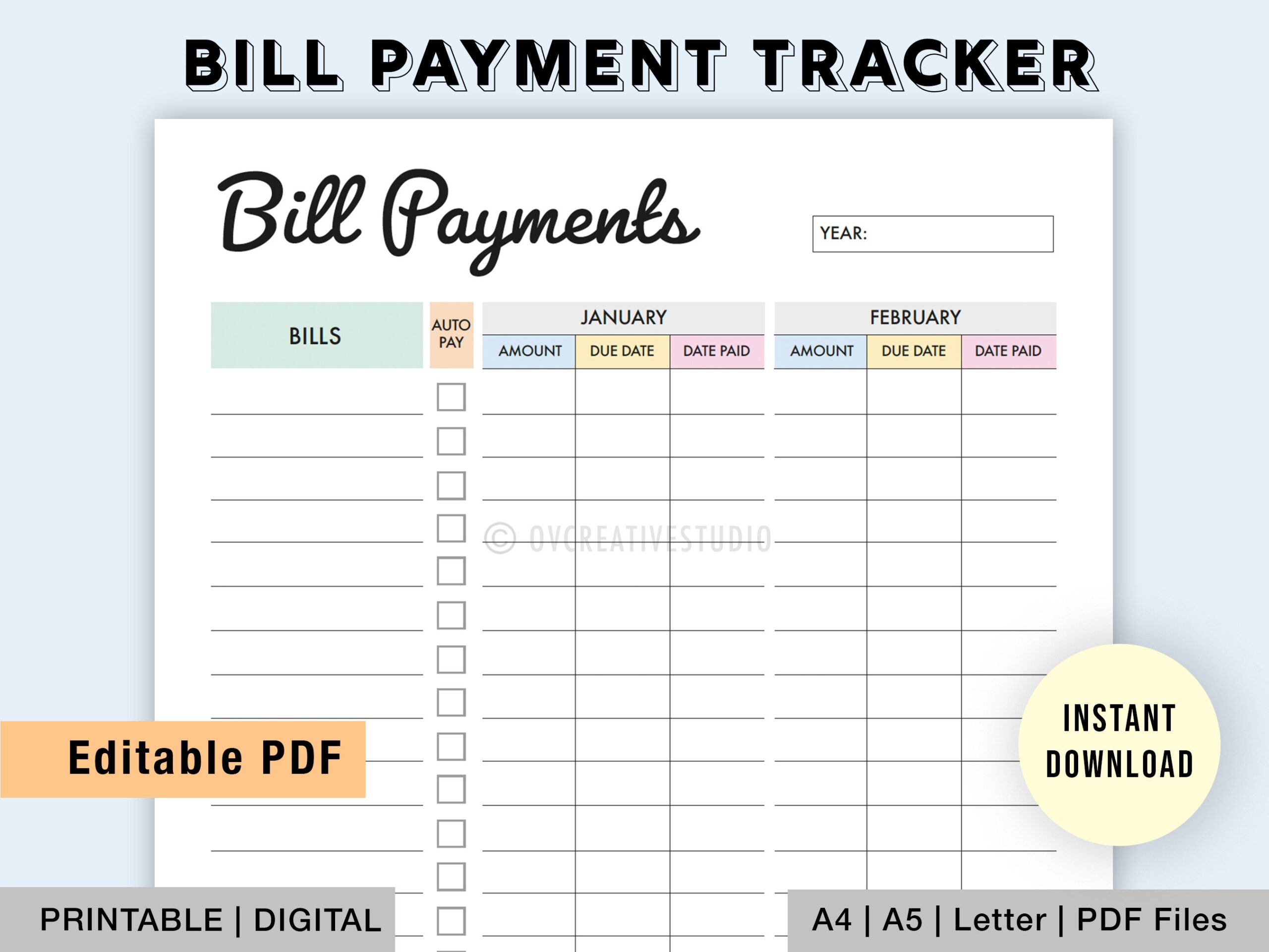 Editable Monthly Bill Tracker Yearly Bill Planner Monthly Bill Log Bill Payment Checklist Bill Payment Tracker Printable Digital Etsy