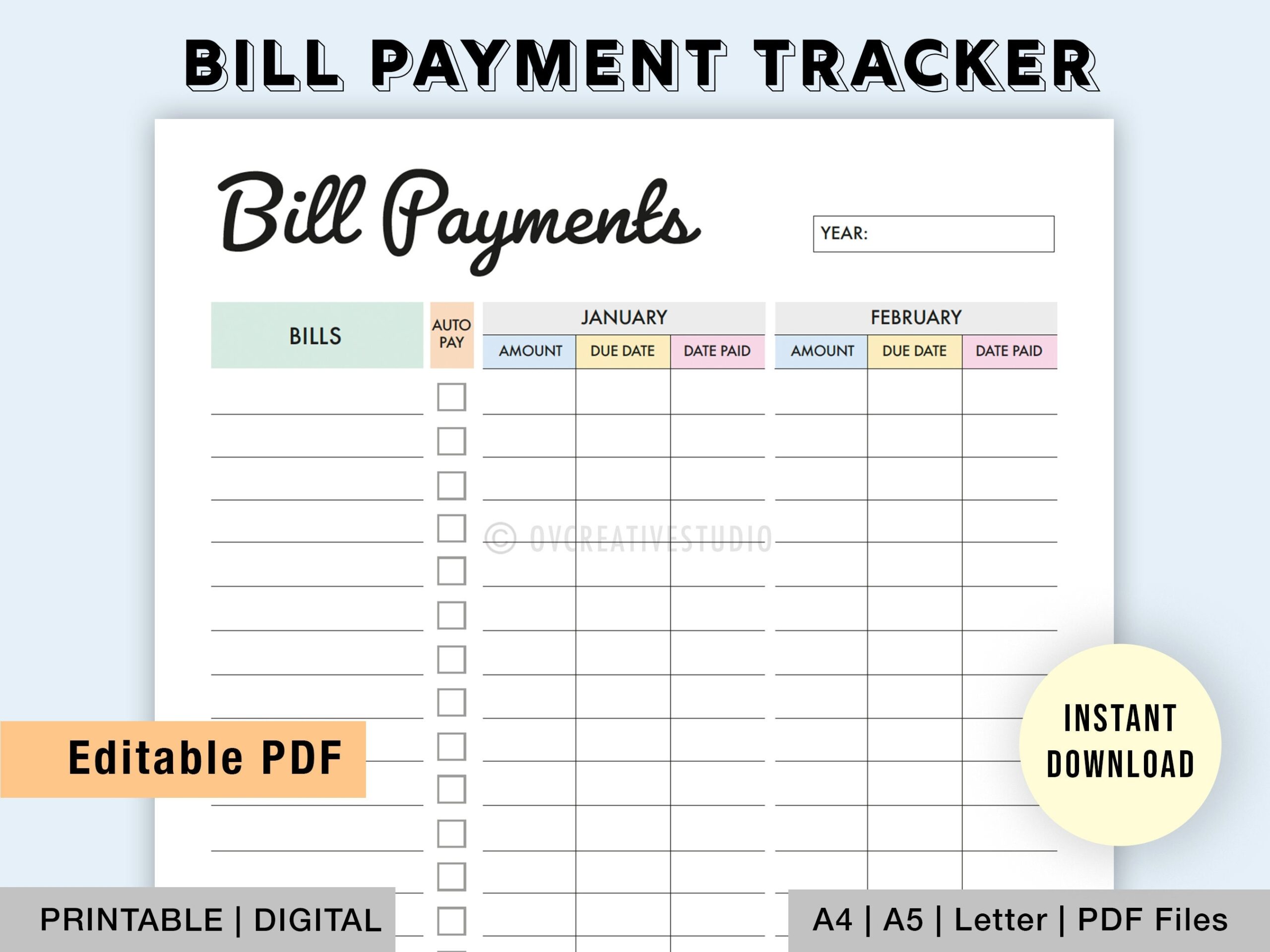 Editable Monthly Bill Tracker Yearly Bill Planner Monthly Bill Log Bill Payment Checklist Bill Payment Tracker Printable Digital Etsy