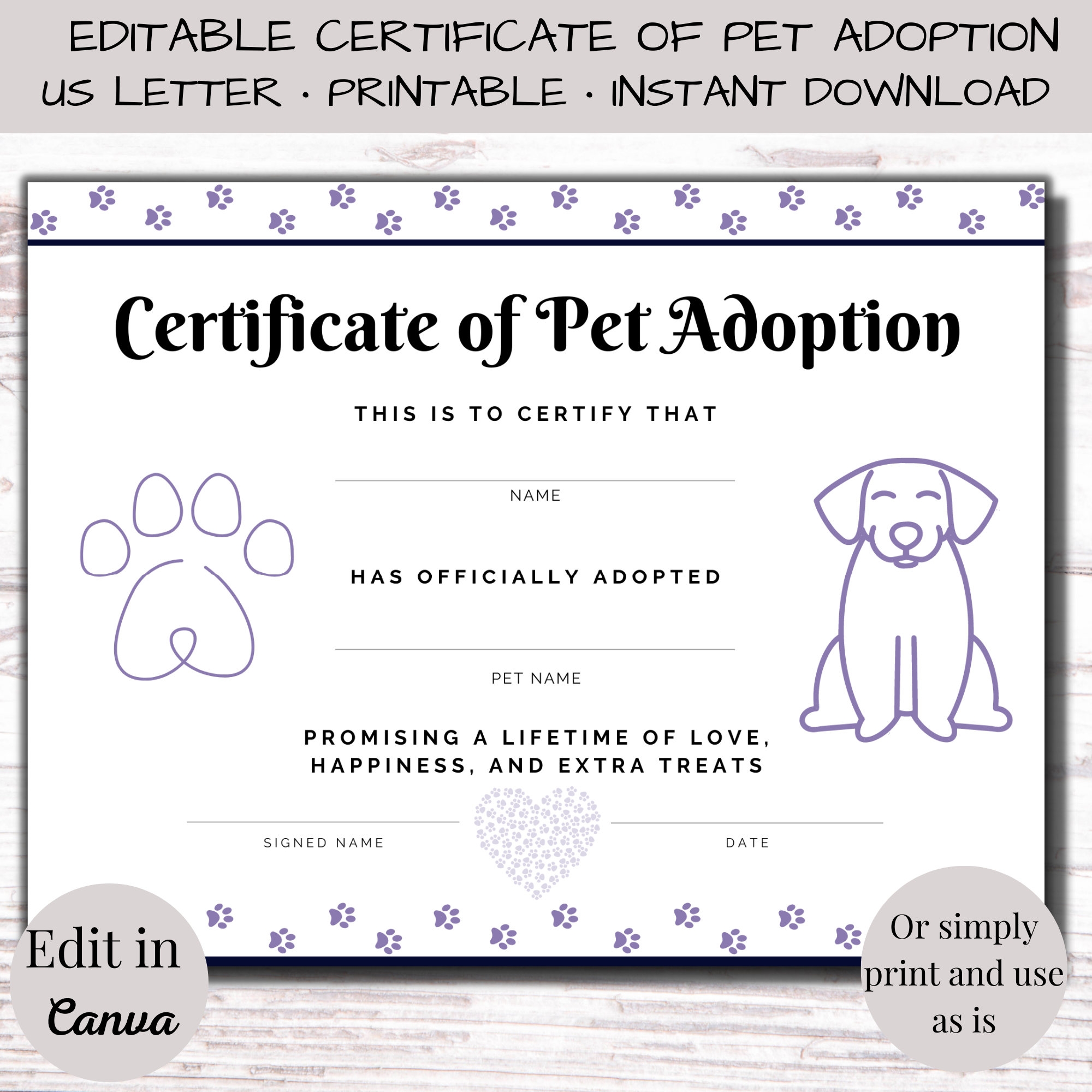 Editable Pet Adoption Certificate Dog Certificate Adoption Sign 