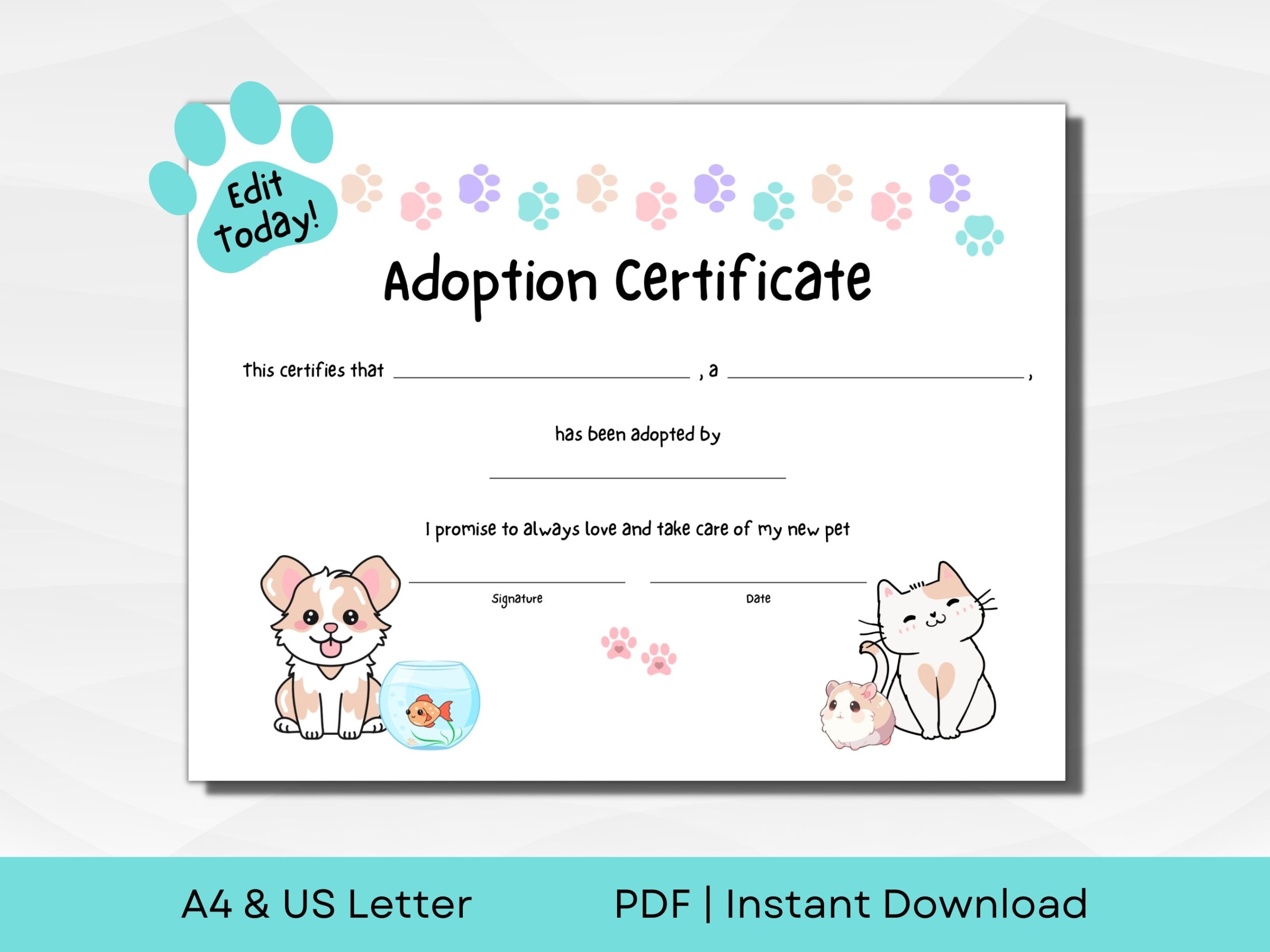 EDITABLE Pet Adoption Certificate For Adoption Pawty Shelter 