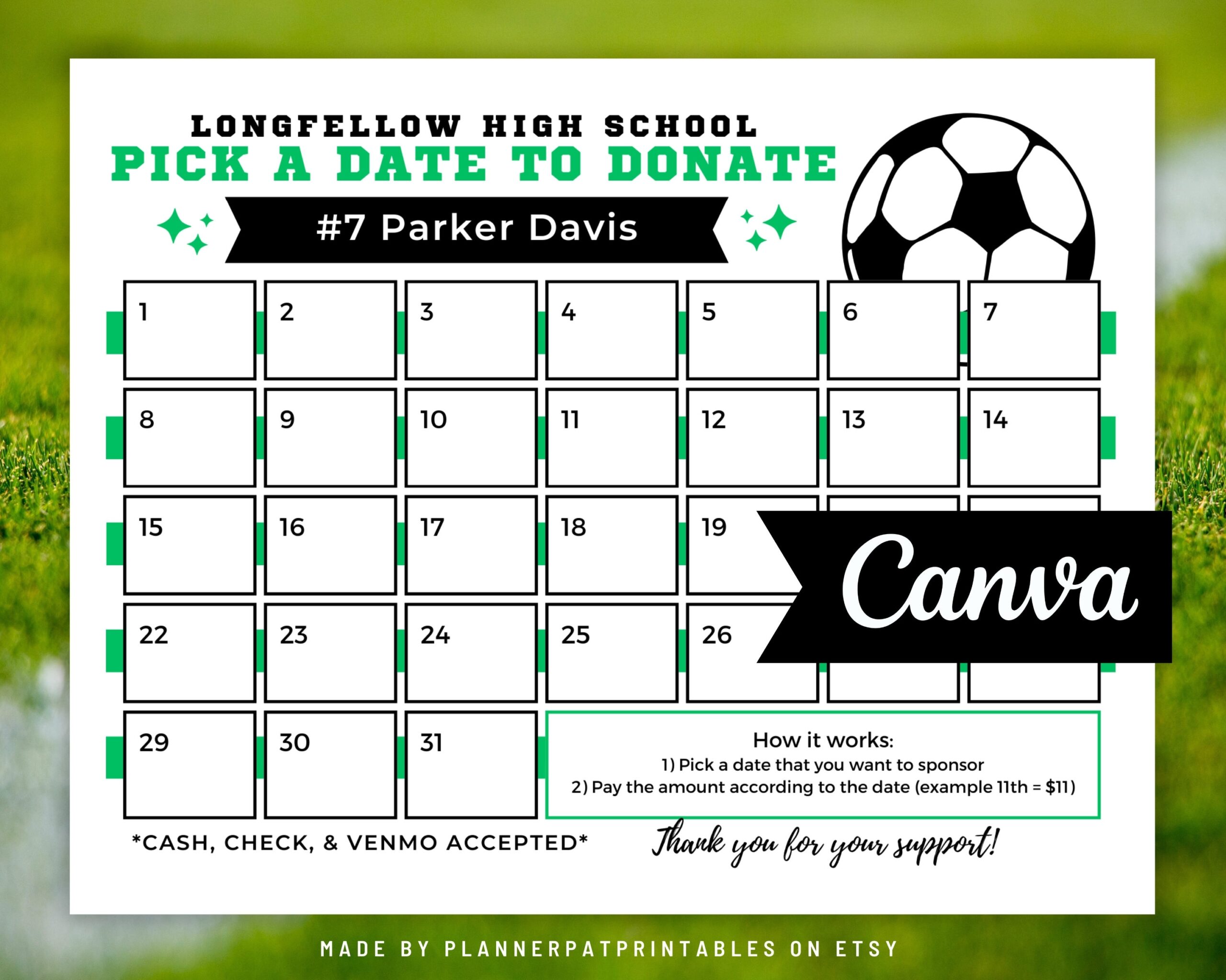 Editable Soccer Calendar Pick A Date To Donate Fundraiser Canva 