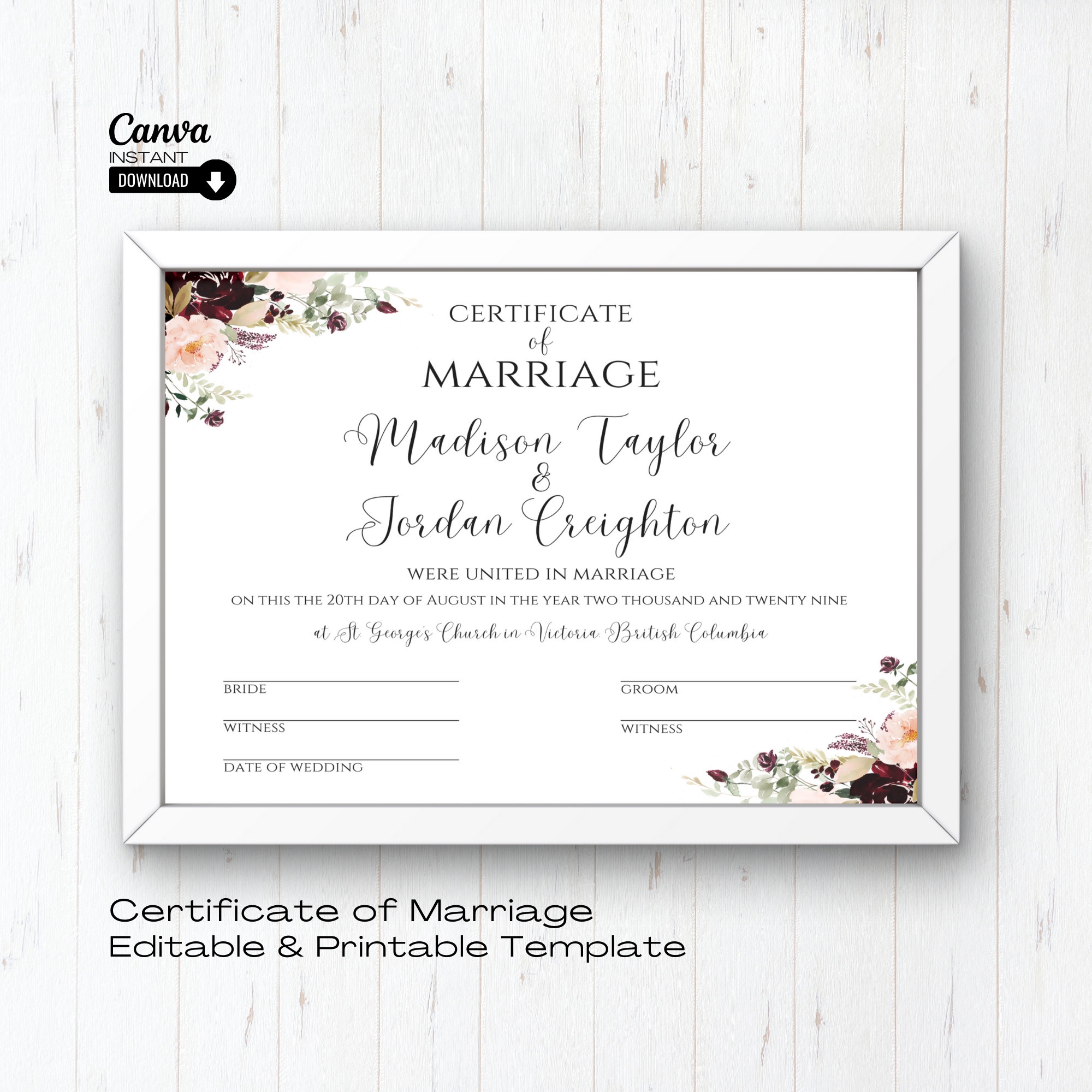 Editable Wedding Certificate Template Marriage Certificate Printable Wedding Keepsake Editable Certificate Certificate Marriage Canva Etsy