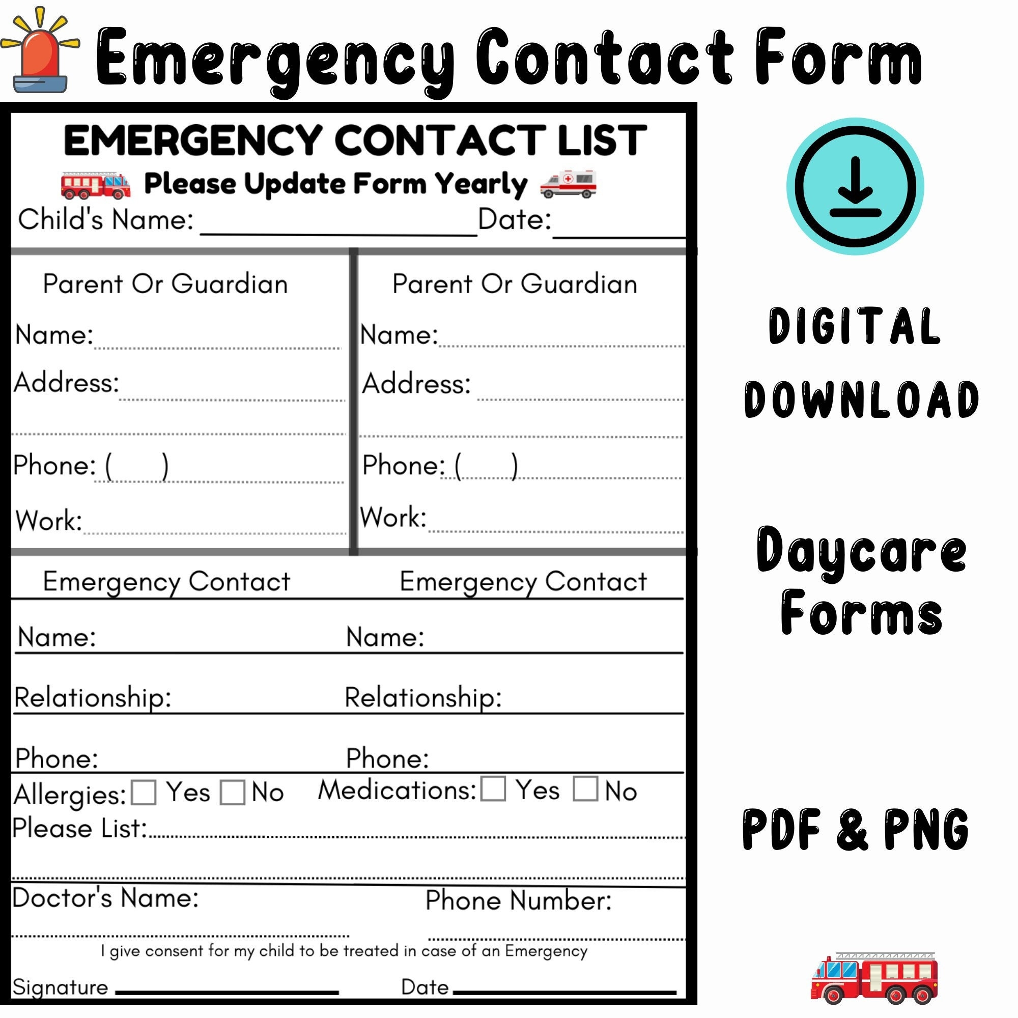Emergency Contact Form Daycare Forms Preschool Forms Center Forms Etsy Australia