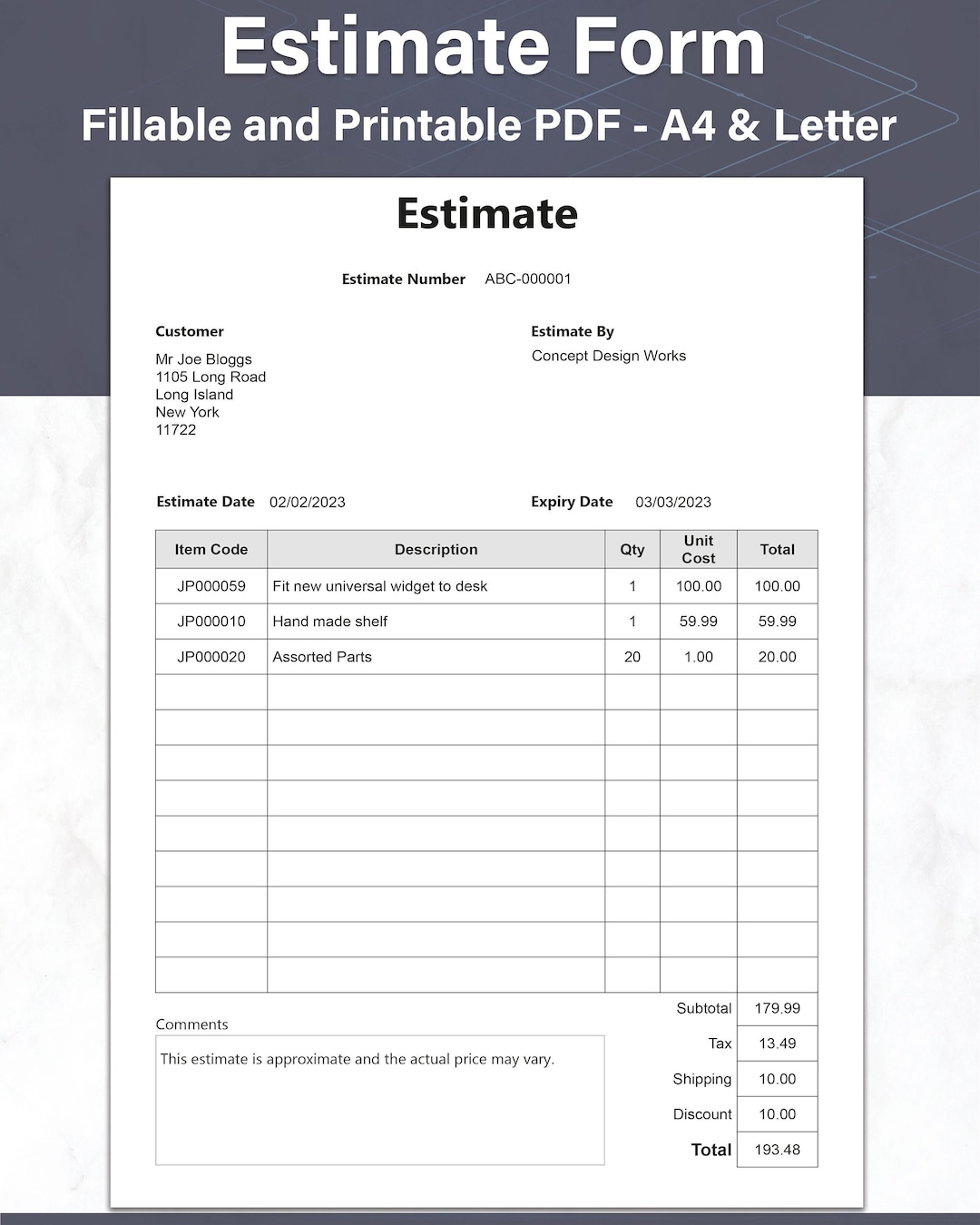 Estimate And Quote Template Fillable And Printable Simple Estimate Form Ideal For Professionals And Small Business Owners Fillable PDF Etsy