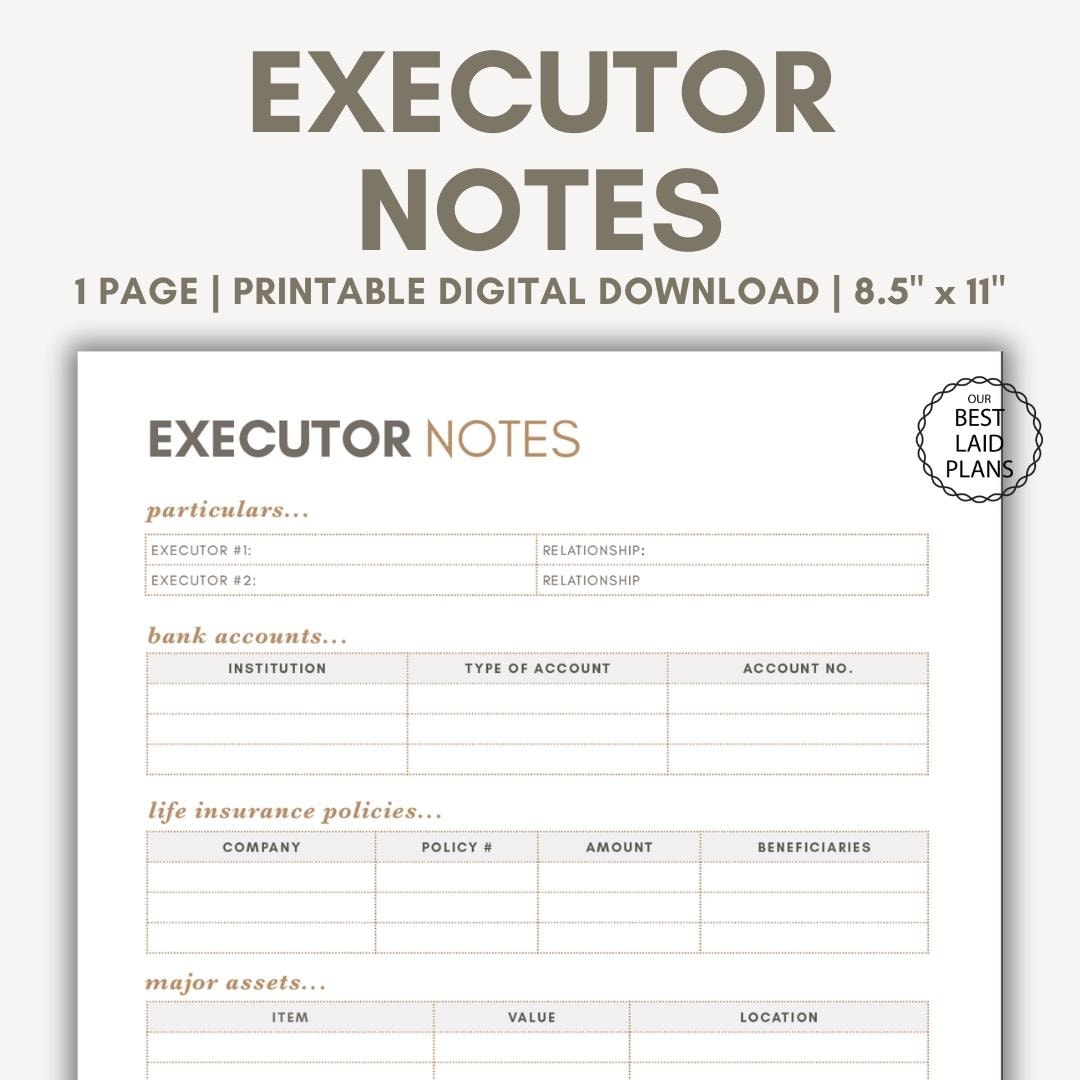 Executor Notes Printable PDF Estate Executor Notes Will Executor 