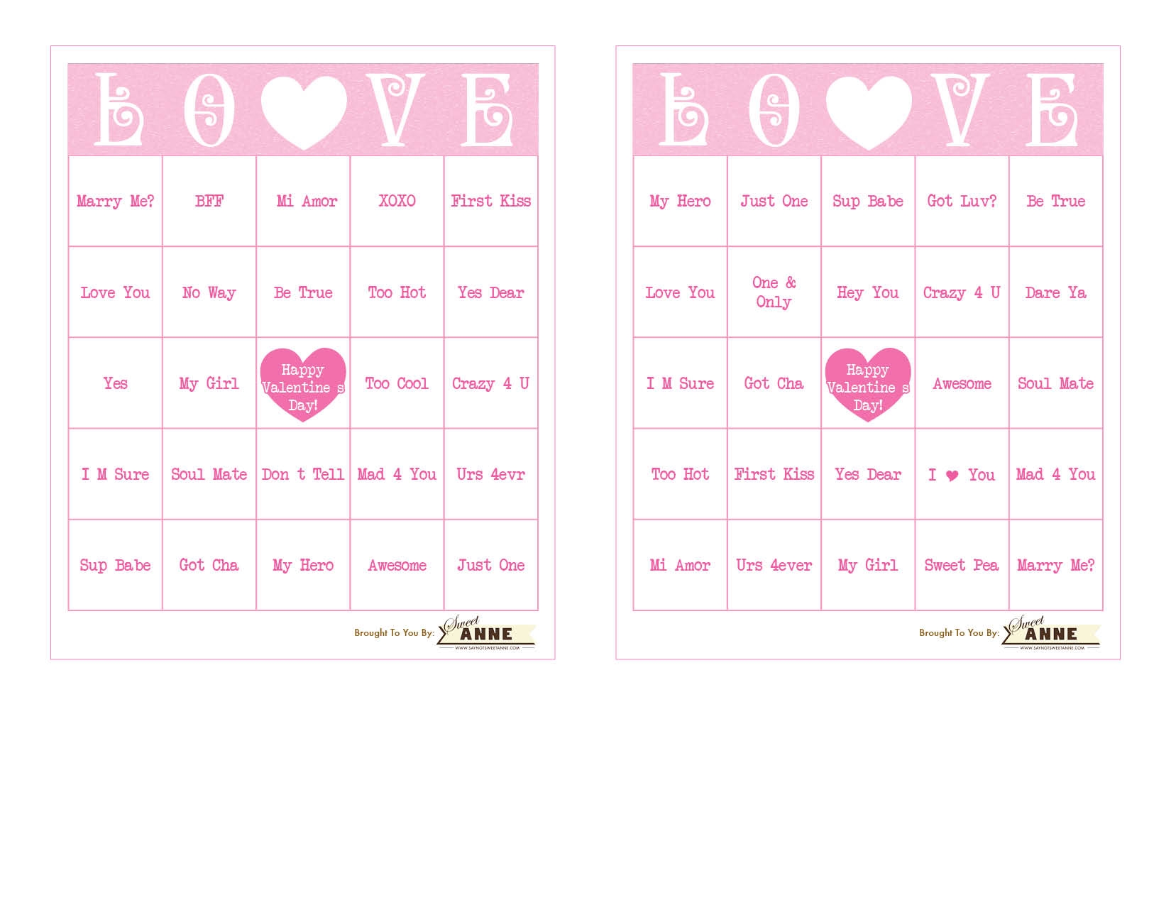 Downloadable Free Printable Valentine Bingo Cards