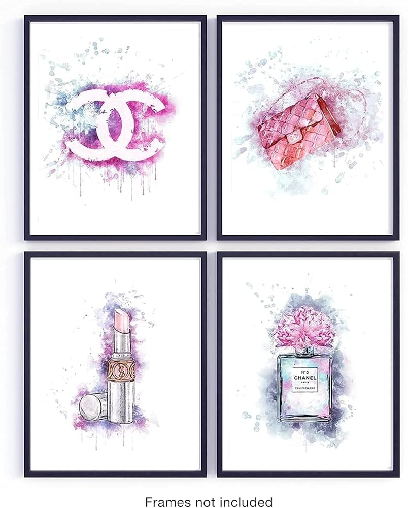 Fashion Glam Wall Art Decor Prints Chanel Pink Wall Decor For Girls Bedroom Makeup Room Glam Decor Wall Posters Perfume Handbag Makeup Art Glam