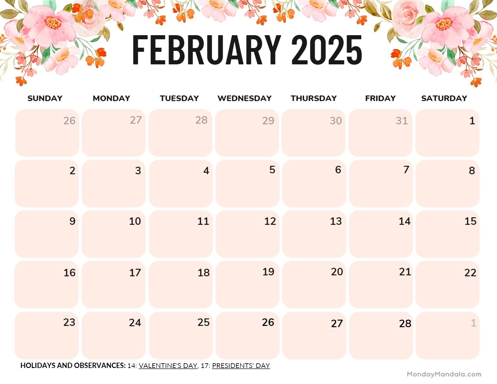 Free Printable February 2025 Calendar