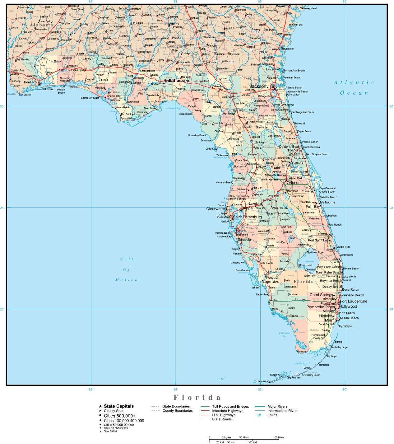 Florida Adobe Illustrator Map With Counties Cities County Seats Worksheets Library