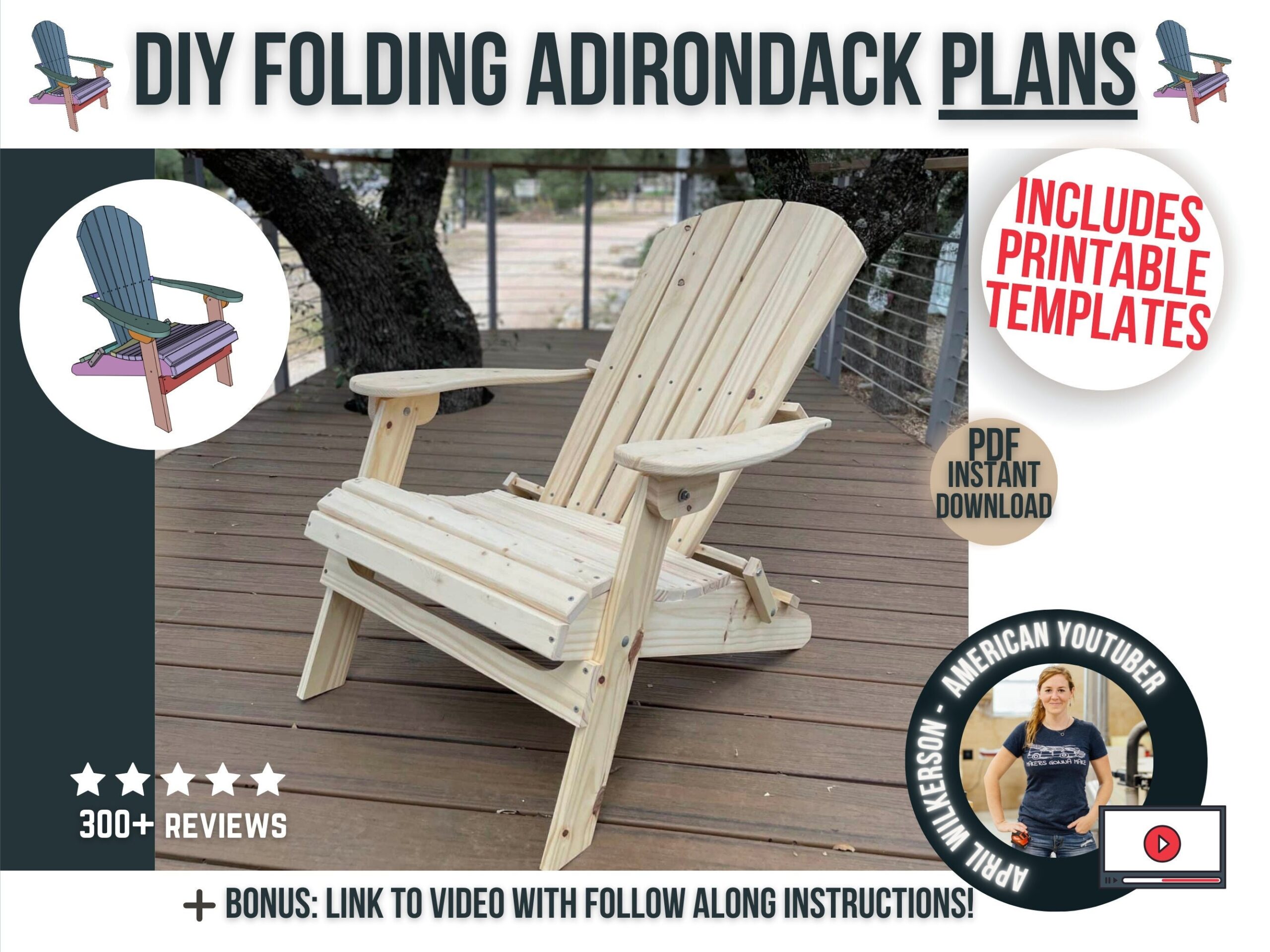 Folding Adirondack Chair Plans U0026 Templates Digital DIY Woodworking Furniture Plans Outdoor Patio Wooden Adirondack Chair Plans For Diyer Etsy