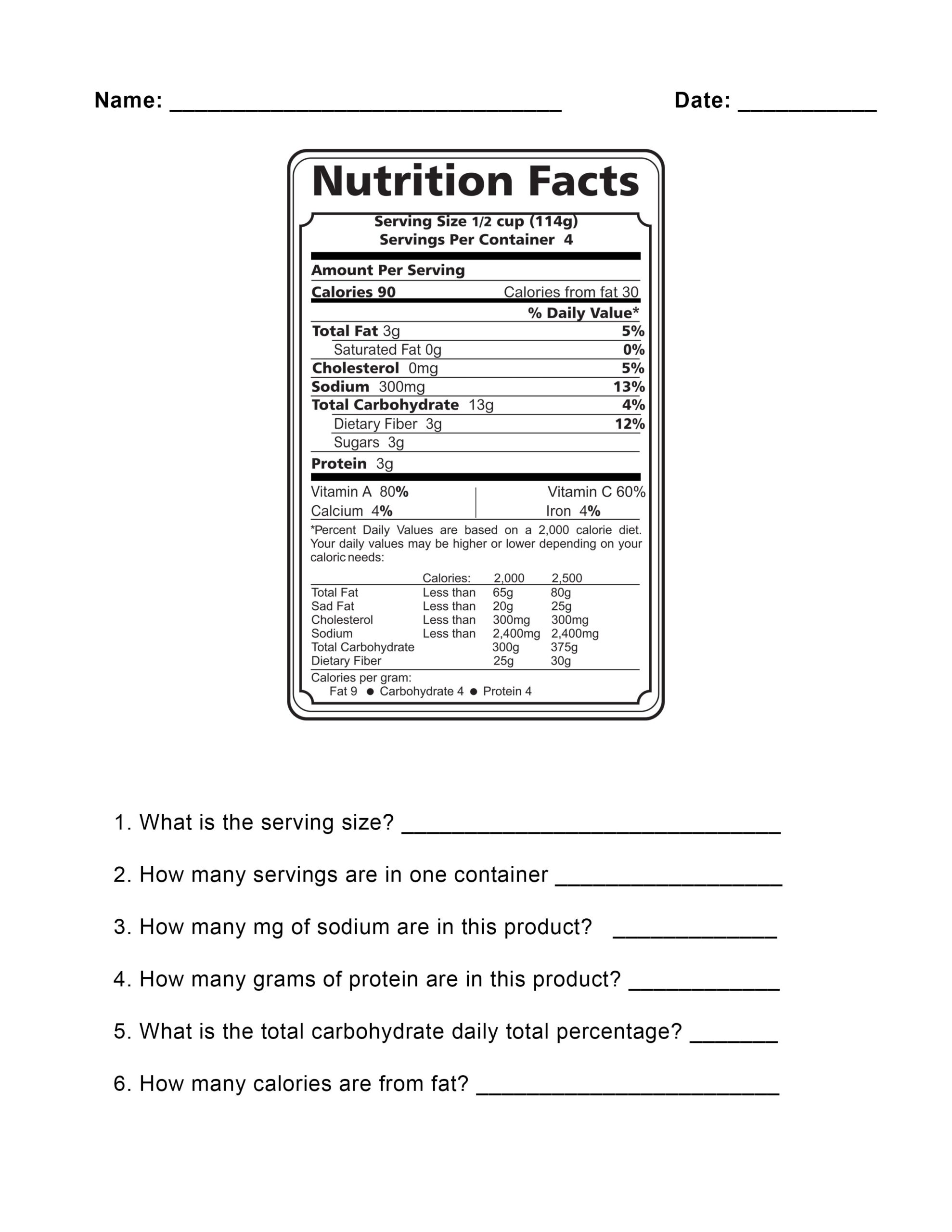 Food Label Worksheets