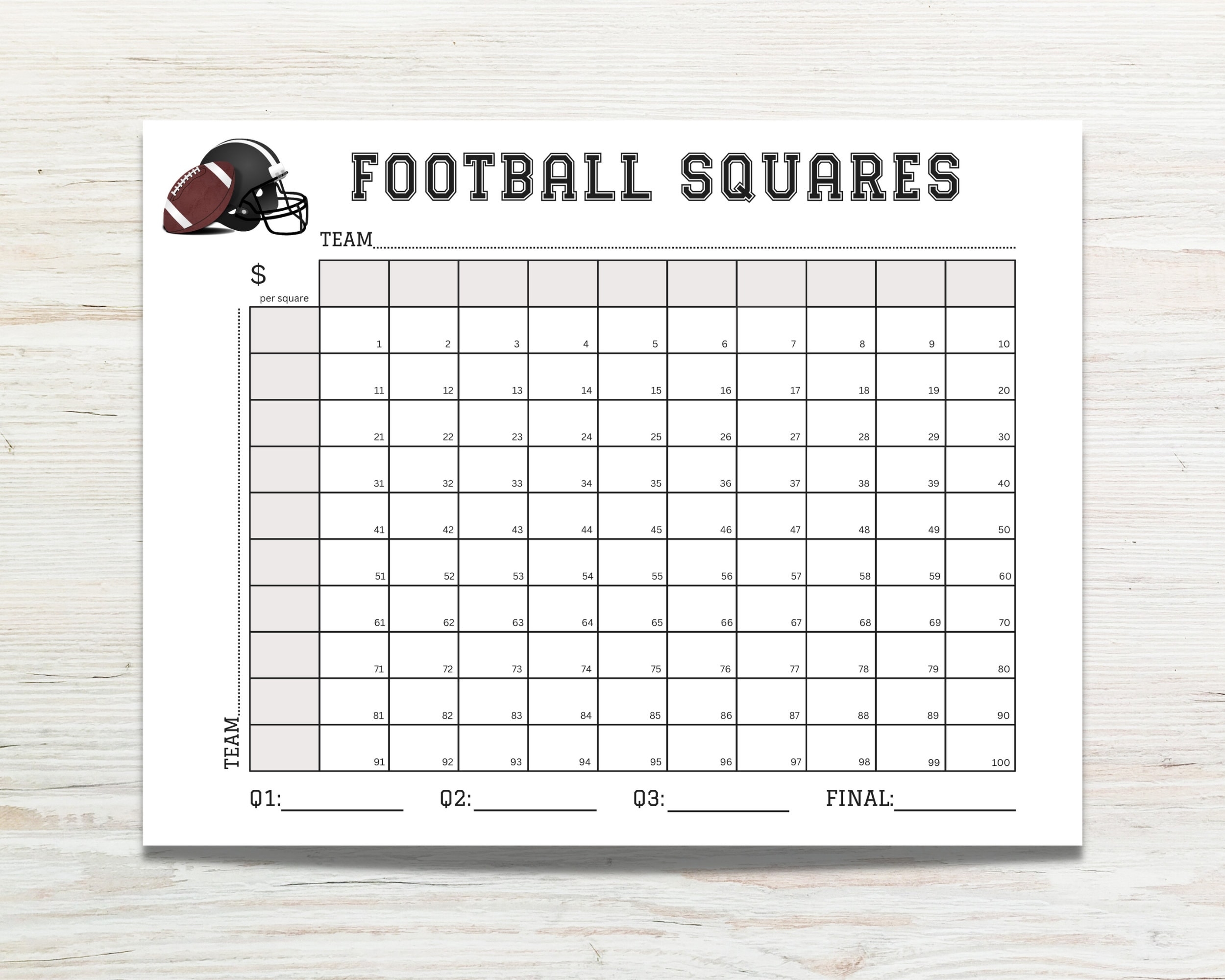 Football Squares Printable Football Square Fundraiser 100 Square Football Board Football Square Template Football Pool Template Grid Etsy