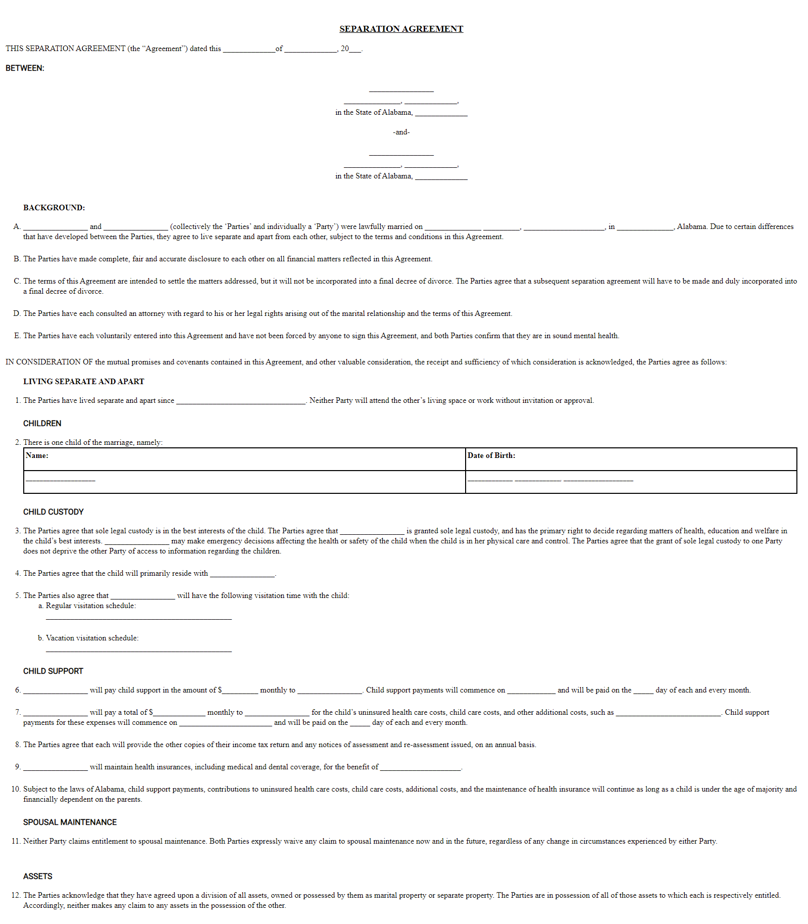 Free Alabama Marital Separation Agreement Legal Separation Forms 