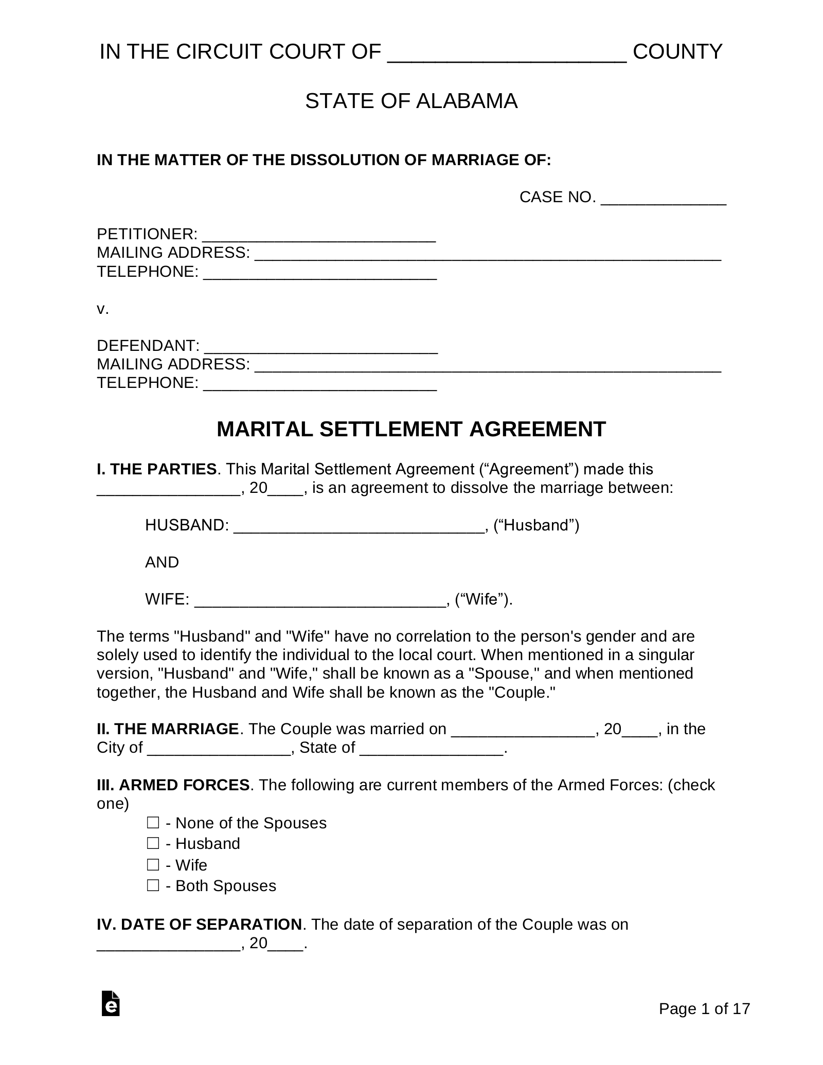 Free Alabama Marital Settlement Divorce Agreement PDF Word 