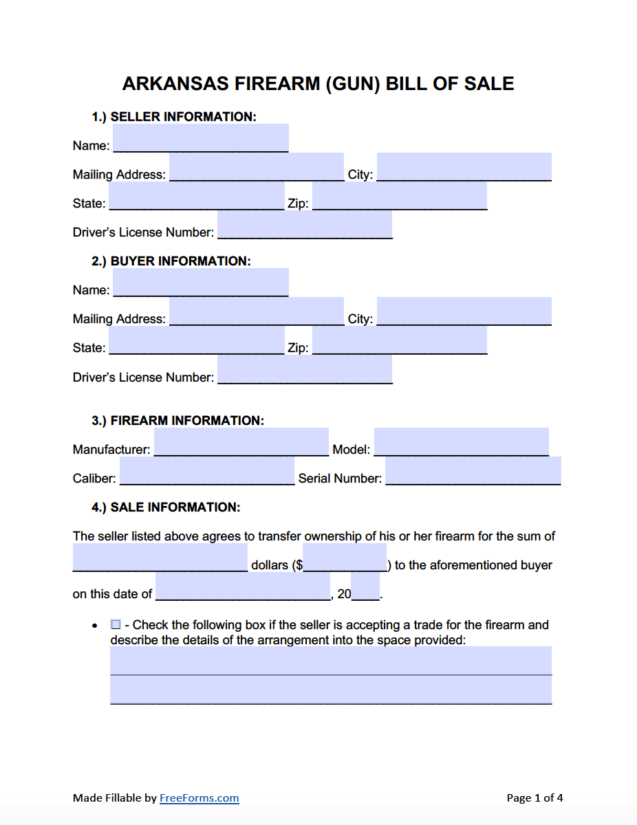 Free Arkansas Firearm Gun Bill Of Sale Form PDF Word