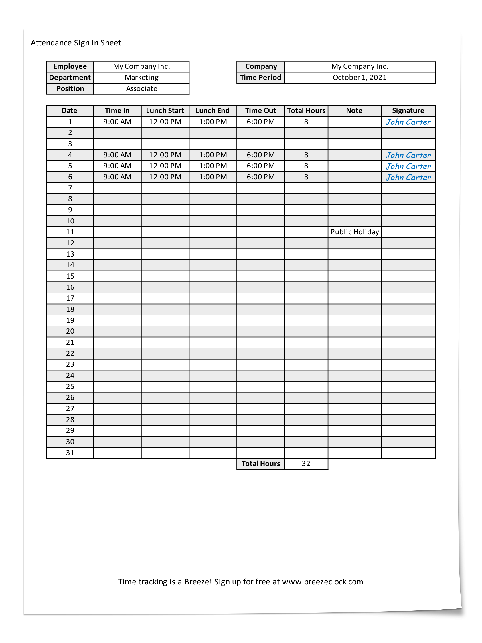 Free Printable Attendance Sheet