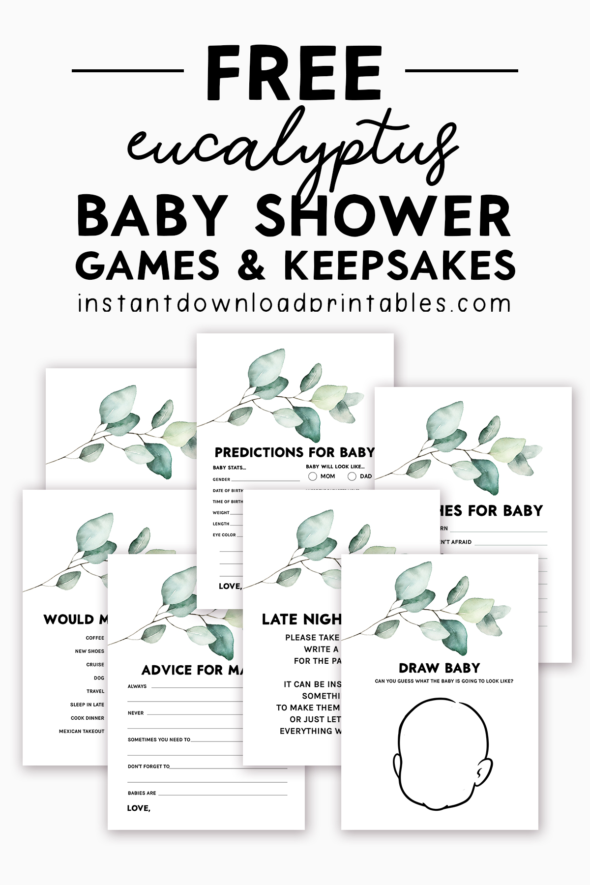 Free Baby Shower Games And Keepsakes Printables Green Leaf Eucalyptus Instant Download Printables