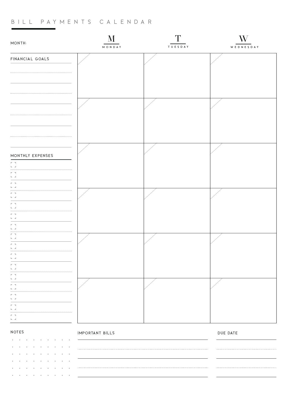 Free Printable Bill Calendar