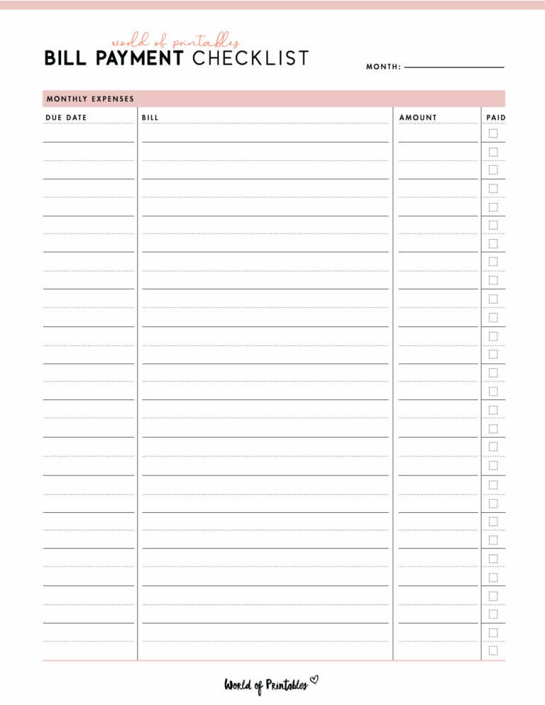 Free Bill Payment Checklist PDF World Of Printables