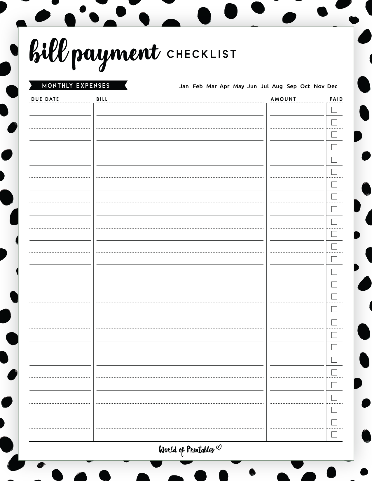 Free Bill Payment Checklist PDF World Of Printables Worksheets Library