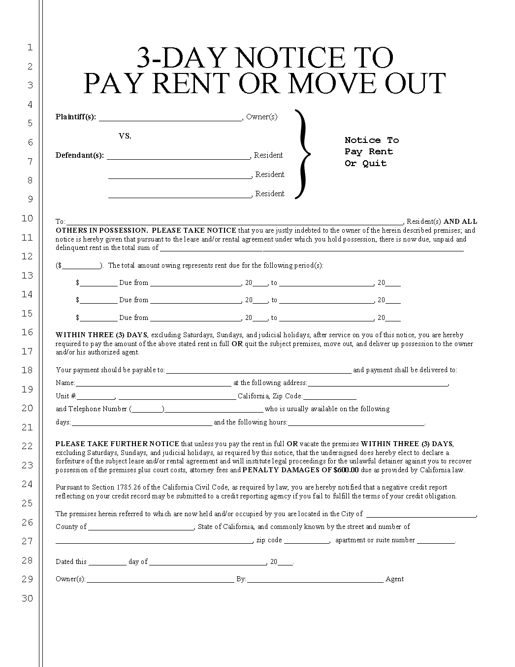 Free California 3 Day Notice To Quit Non Payment PDF