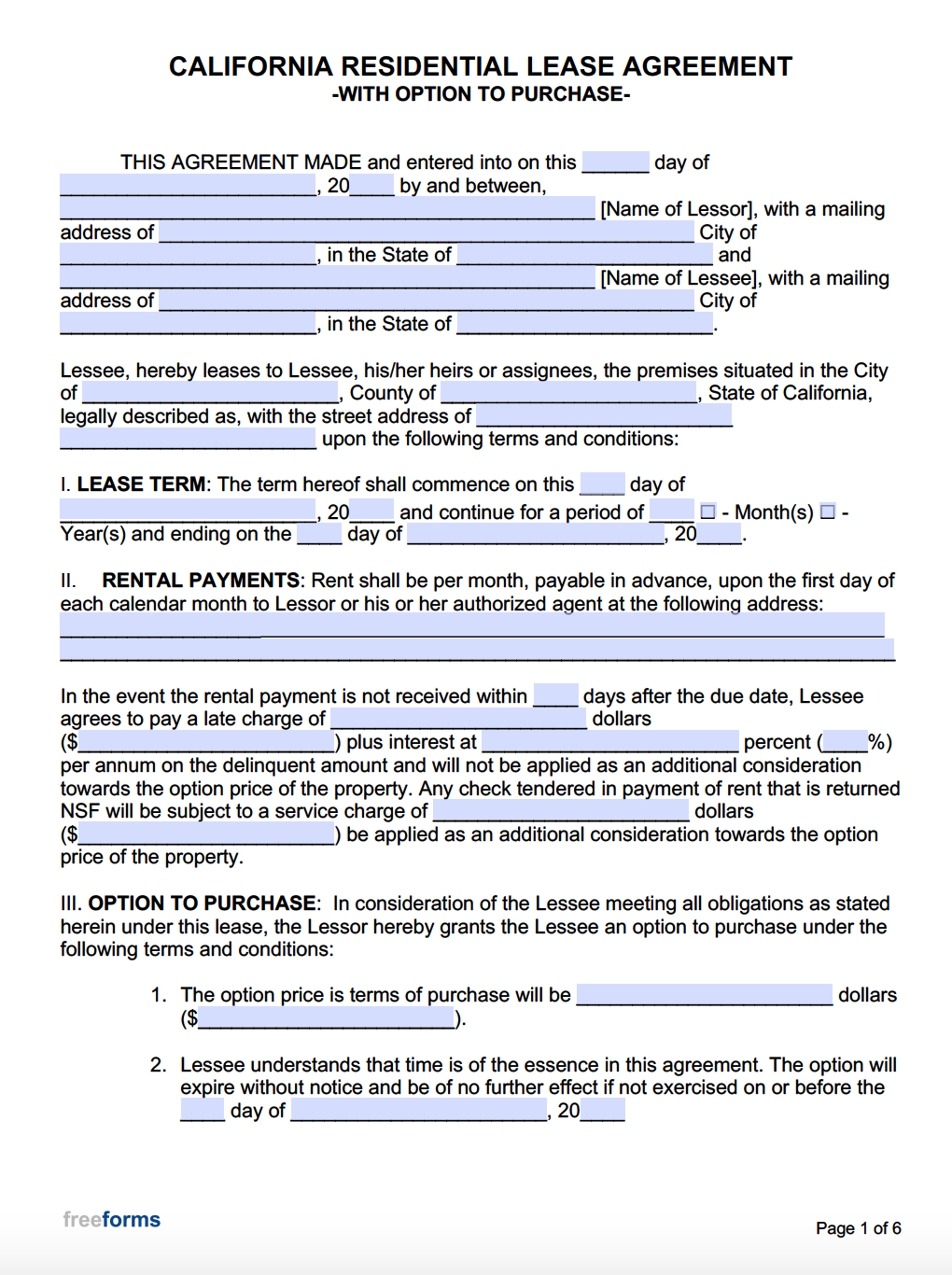 Free California Lease To Own Agreement Form PDF Word