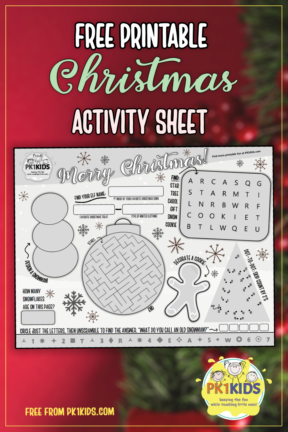 Free Christmas Themed Activity Sheet PK1Kids