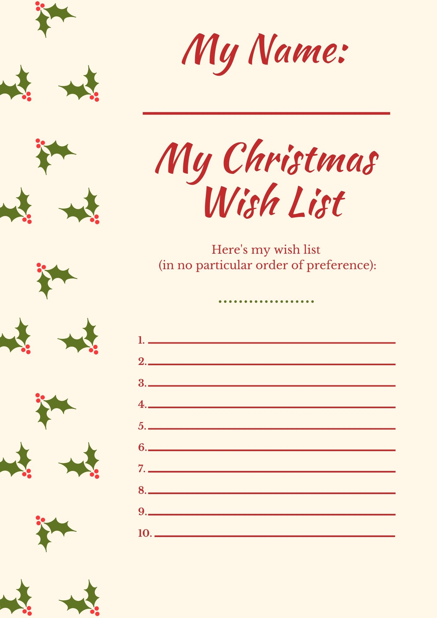 Free Printable Christmas Wish List Pdf