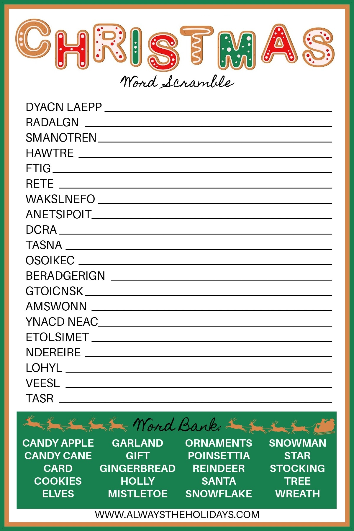 Christmas Word Scramble Free Printable