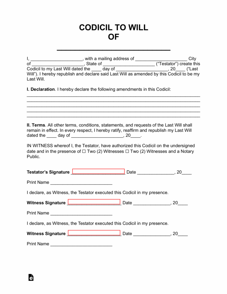 Free Codicil To Will Form PDF Word EForms