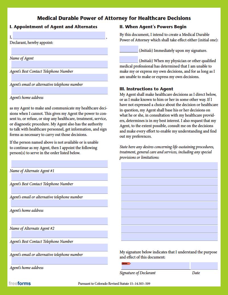Free Colorado Advance Directive Form Medical POA U0026 Living Will PDF