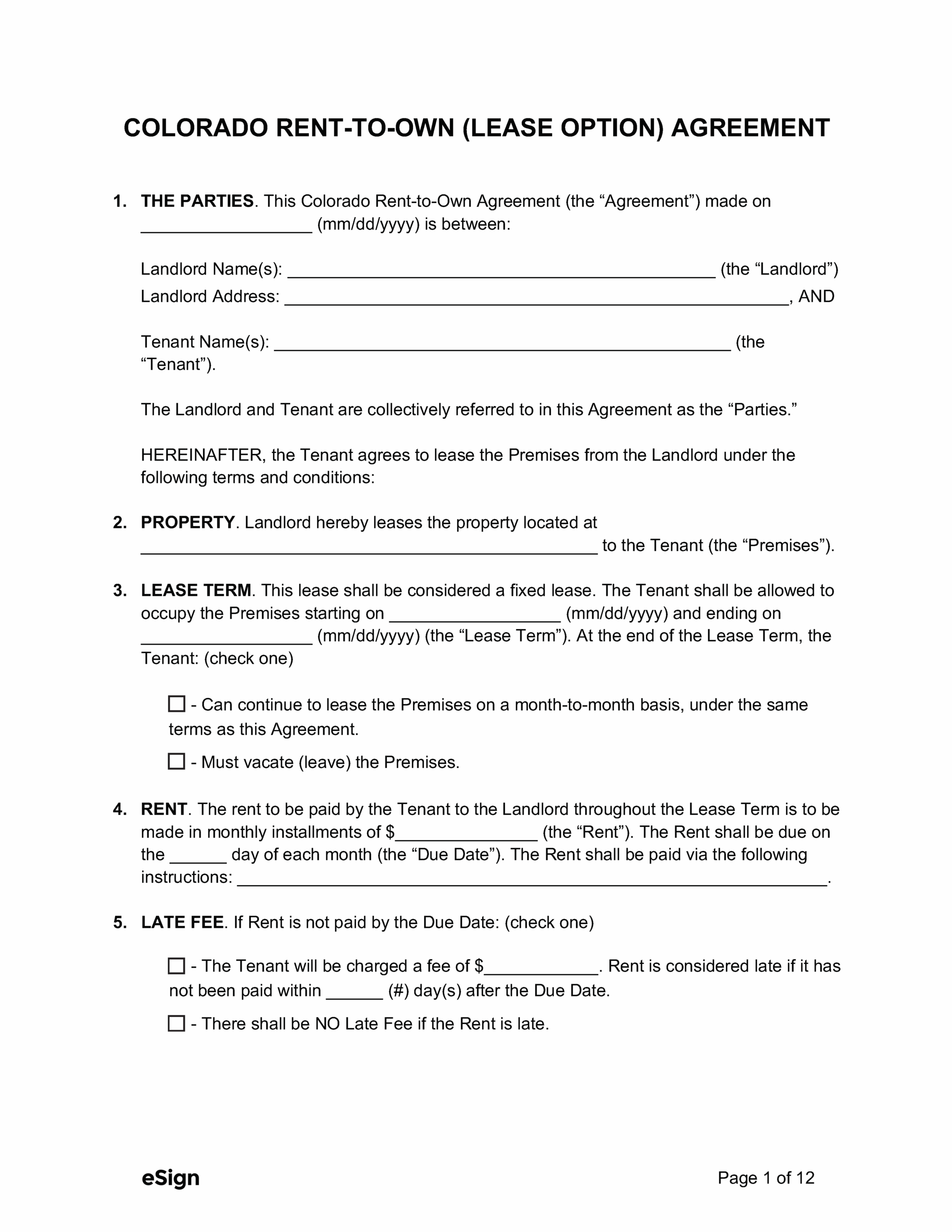 Free Colorado Rent to Own Lease Option Agreement PDF Word