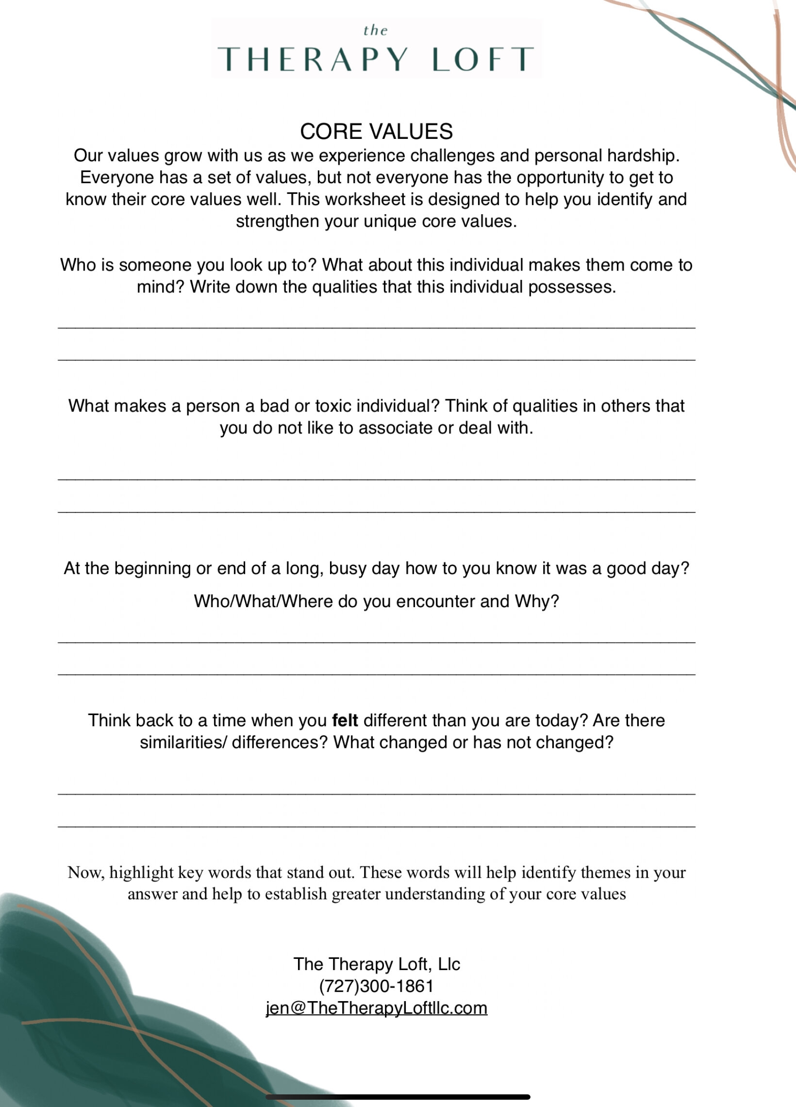 Free Core Values Worksheet The Therapy Loft LLC Worksheets Library