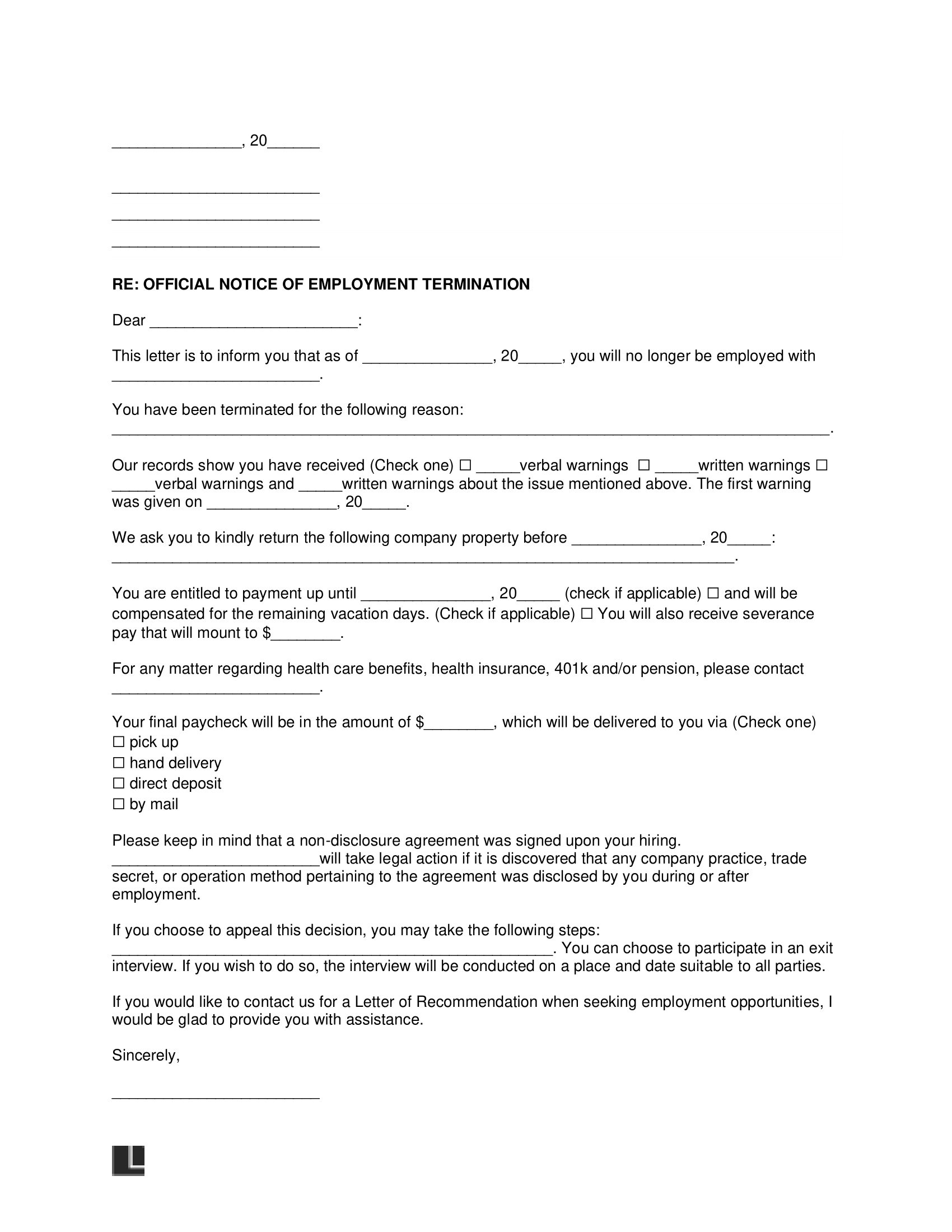 Free Employment Termination Letter Template PDF U0026 Word