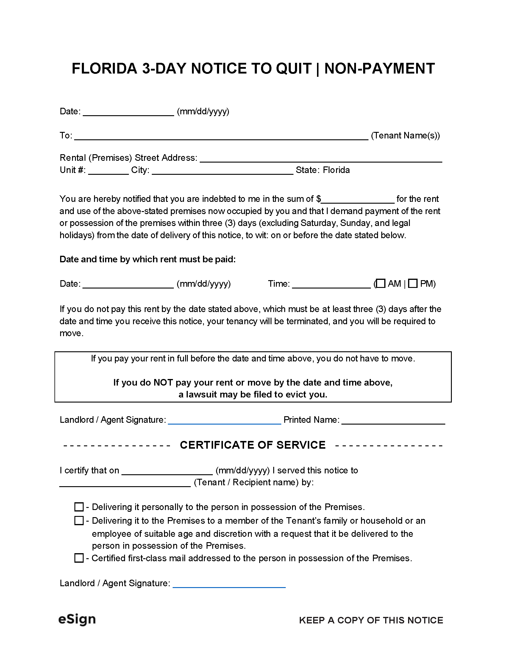 Free Florida 3 Day Notice To Quit Non Payment PDF Word