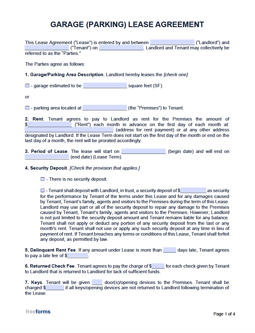 Free Garage Parking Rental Lease Agreement Template PDF Word