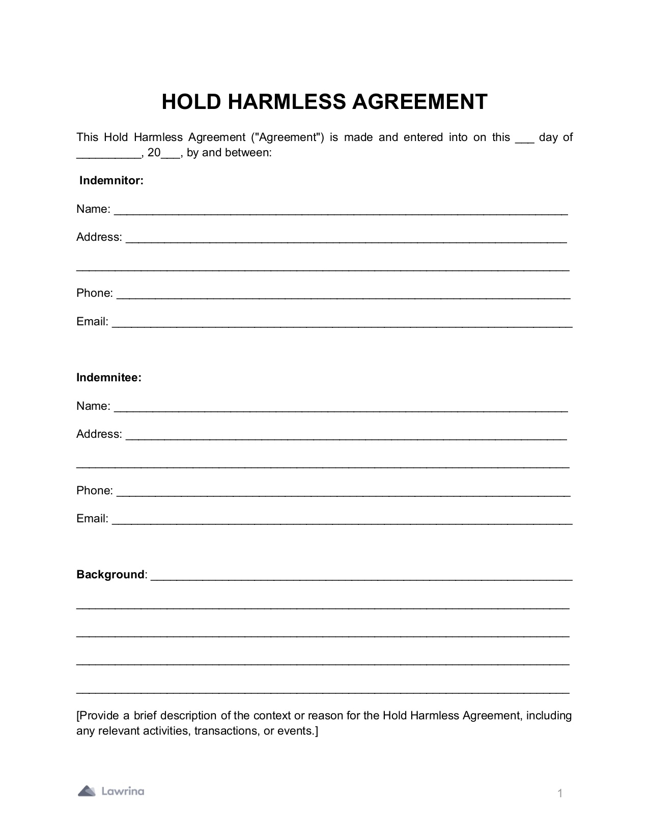 Free Hold Harmless Agreement Template PDF Lawrina