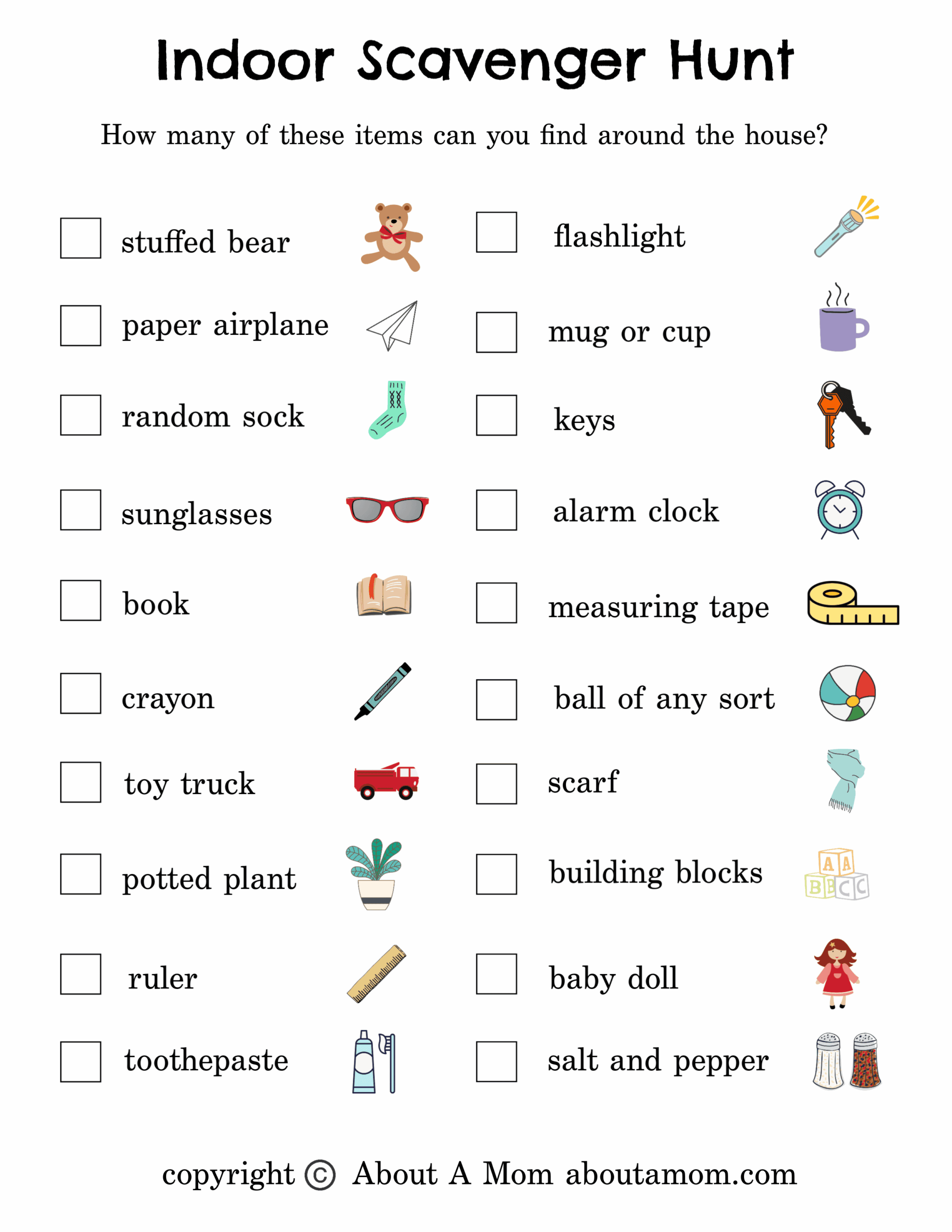 Free Indoor Scavenger Hunt Printable About A Mom
