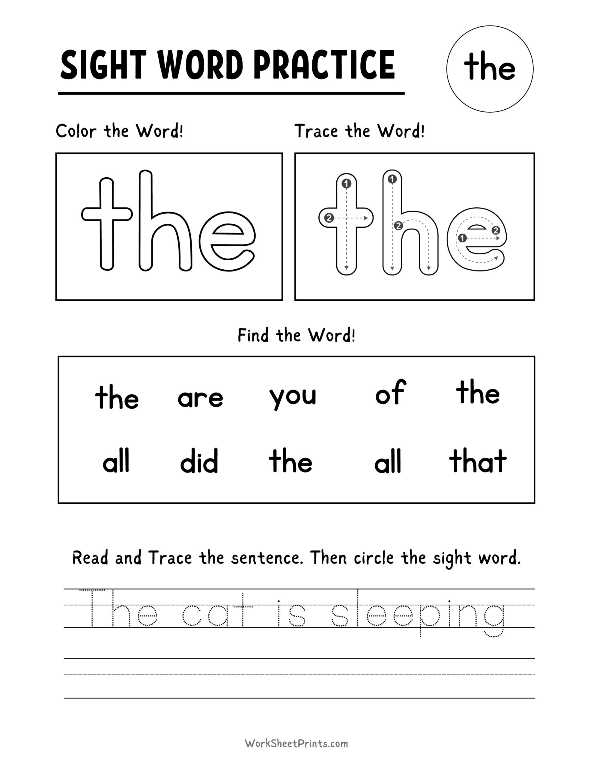 Free Kindergarten Sight Word Worksheets Printable