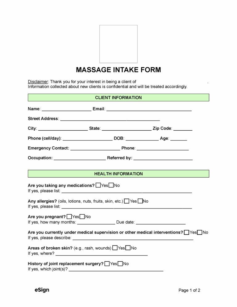 Free Massage Intake Form PDF Word