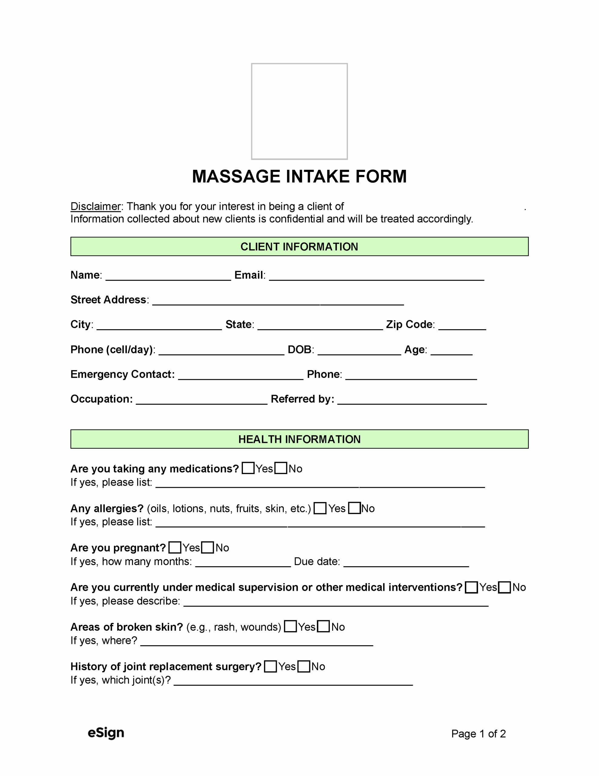 Free Massage Intake Form PDF Word