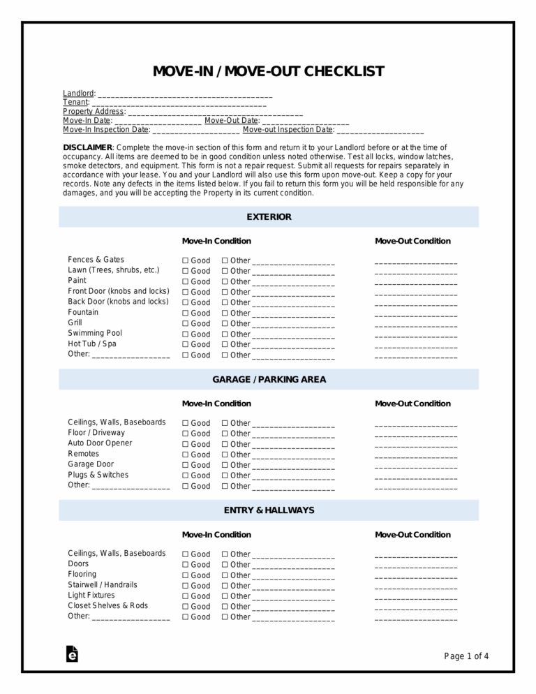 Free Move In Move Out Checklist Form Tenant PDF Word EForms
