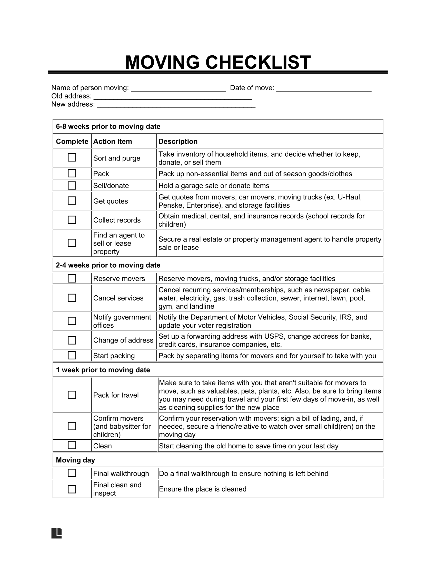 Free Moving Checklist Template PDF U0026 Word