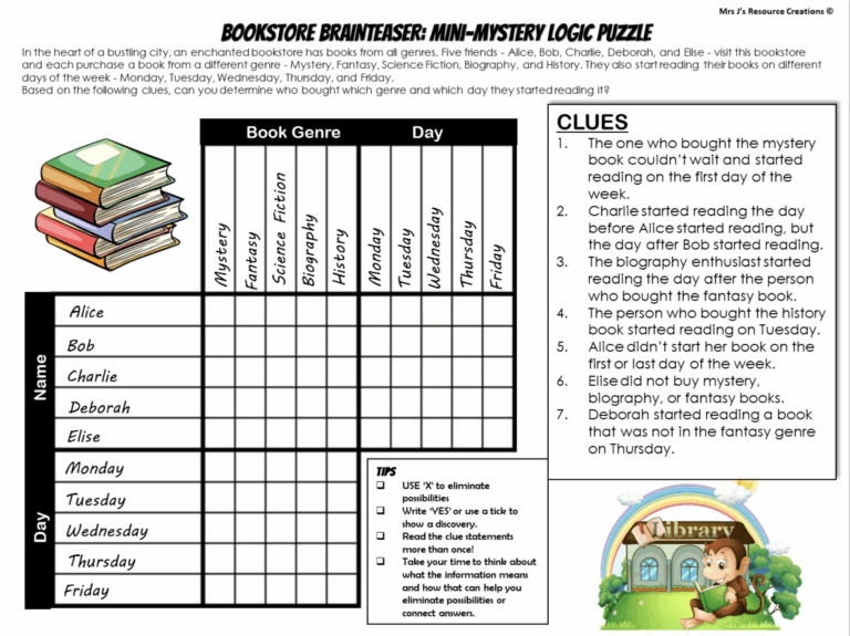 Free Mystery Logic Puzzle For Book Week Top Rated Teaching Resources Download Now